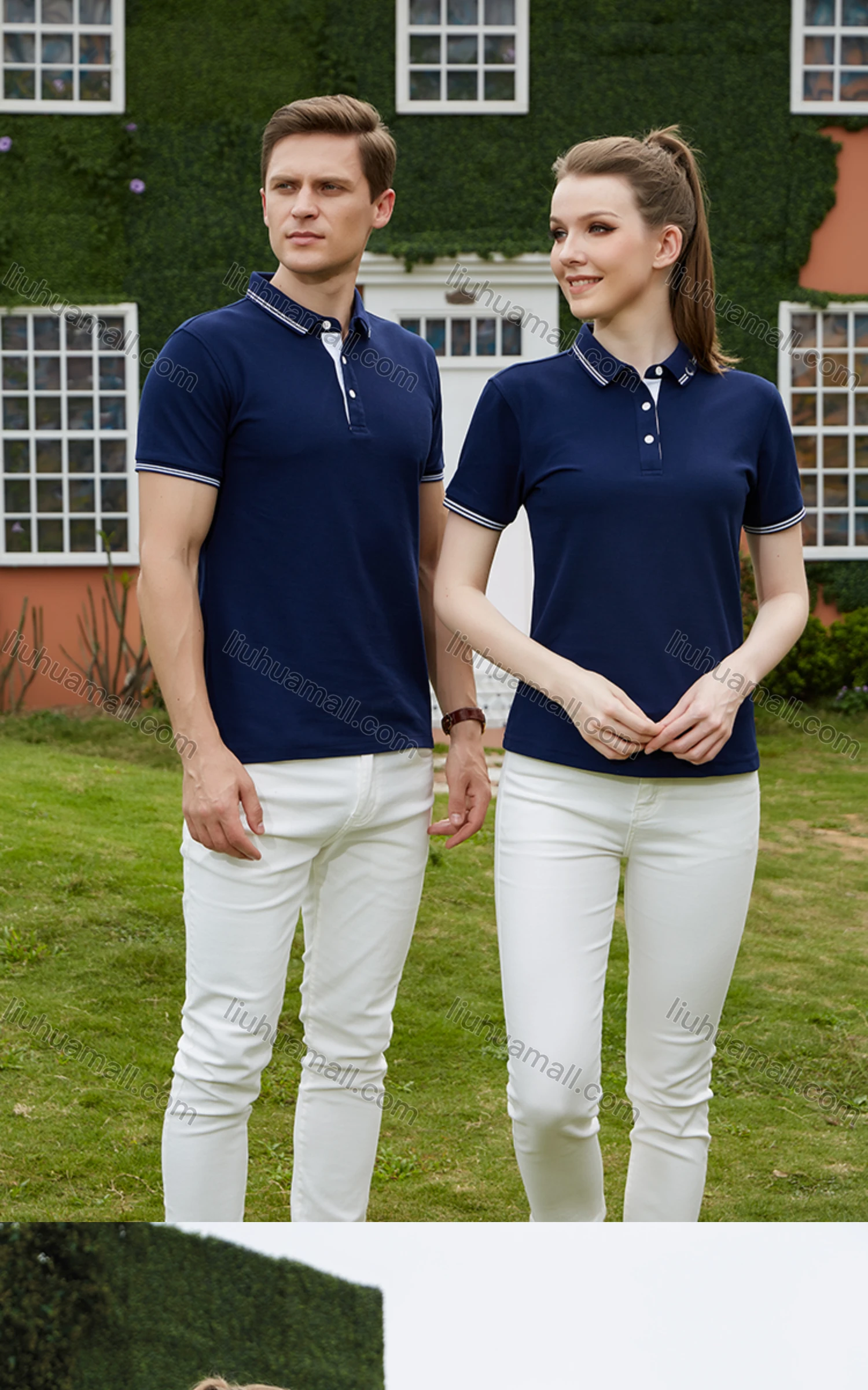 Wholesale Unisex Casual Short Sleeve Rhinestone Striped Trim Button Front Polo Shirts - Liuhuamall