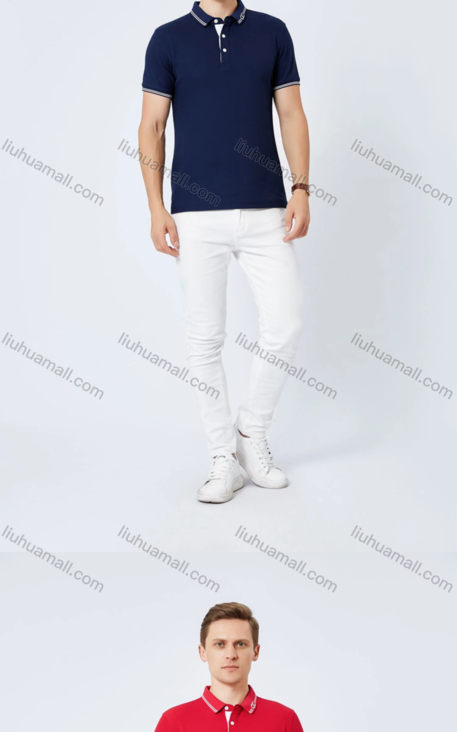 Wholesale Unisex Casual Short Sleeve Rhinestone Striped Trim Button Front Polo Shirts - Liuhuamall