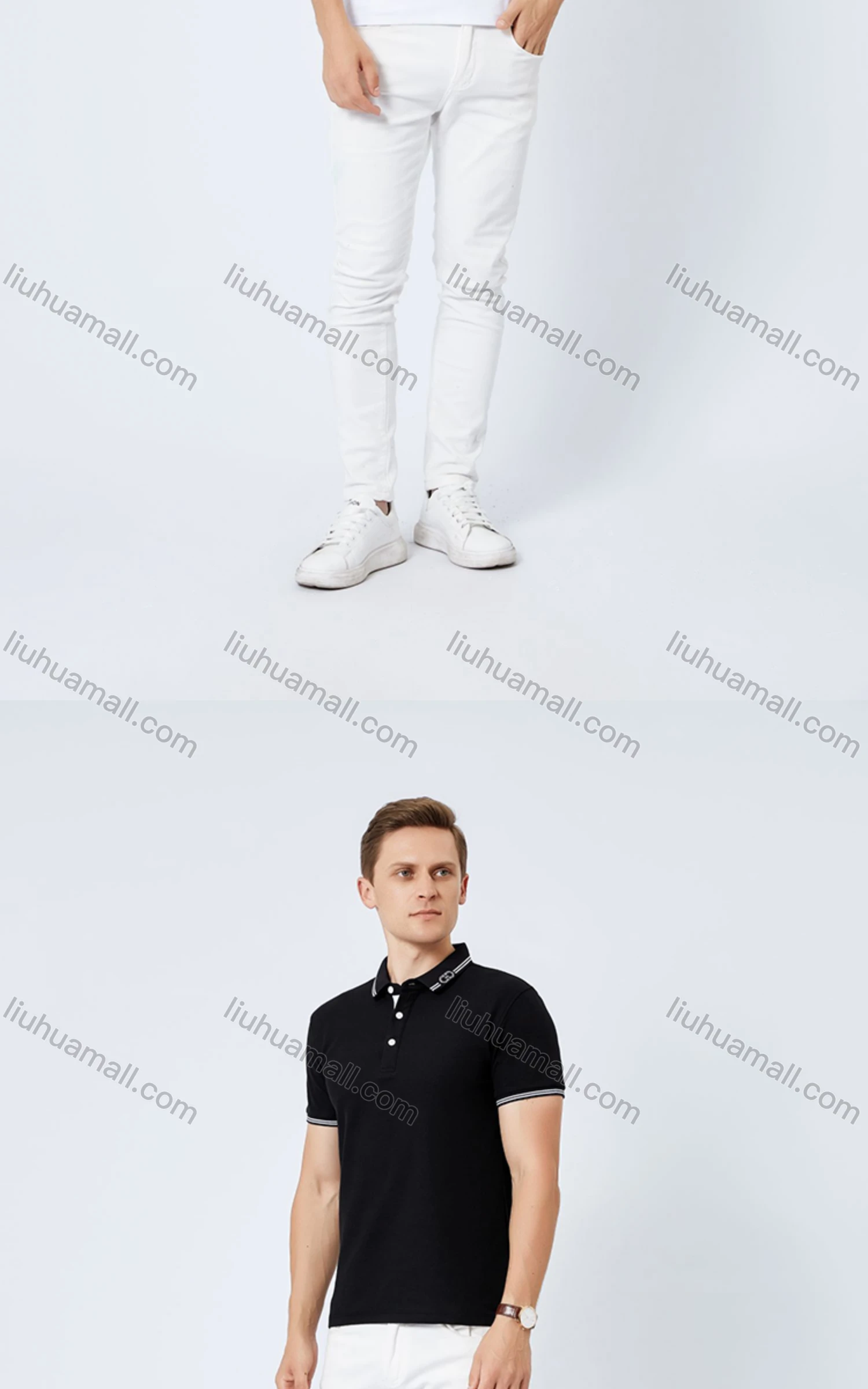 Wholesale Unisex Casual Short Sleeve Rhinestone Striped Trim Button Front Polo Shirts - Liuhuamall