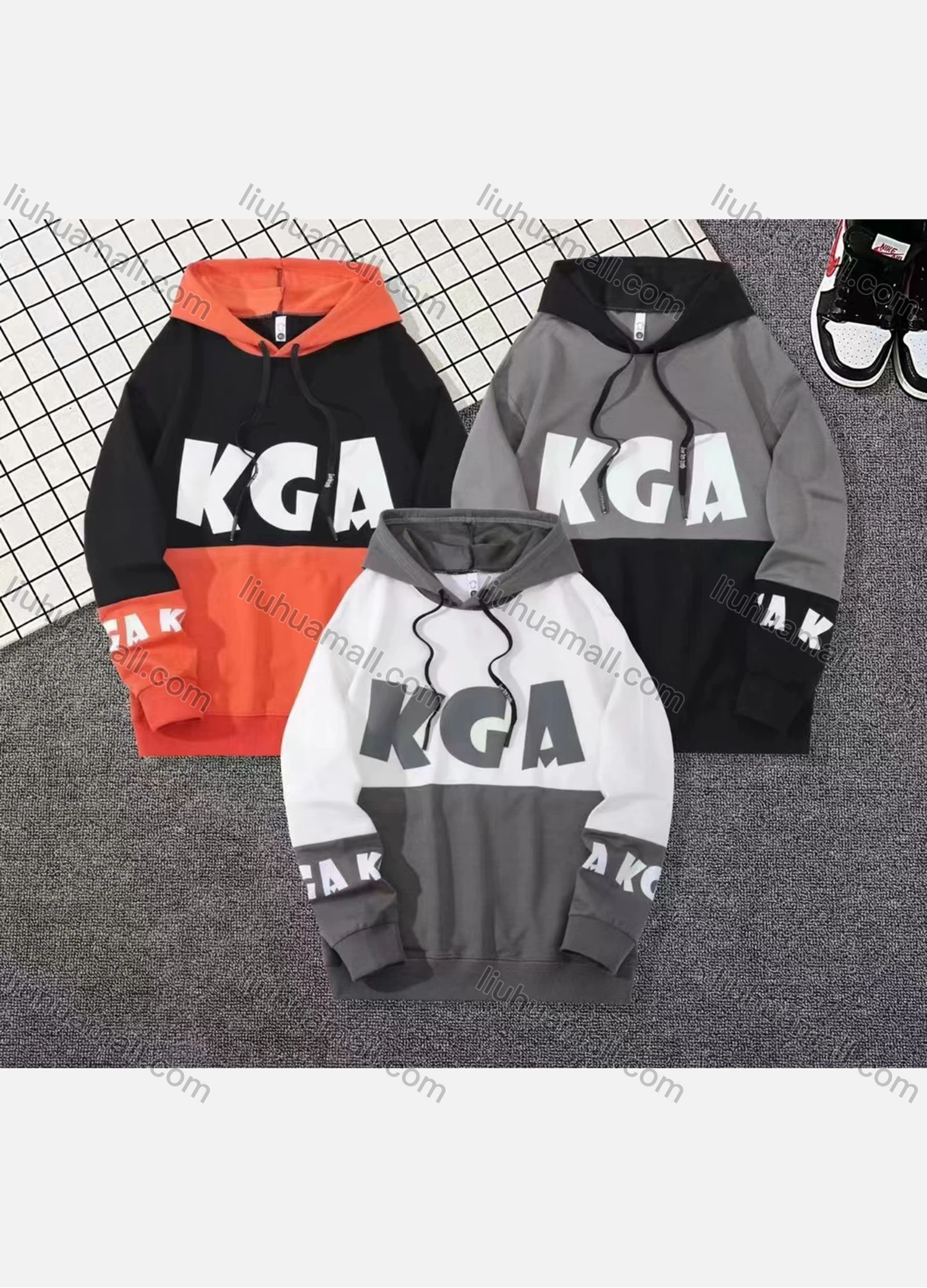 Wholesale Men's Casual Colorblock Letter Print Drawstring Long Sleeve Kangaroo Pocket Hoodie - Liuhuamall