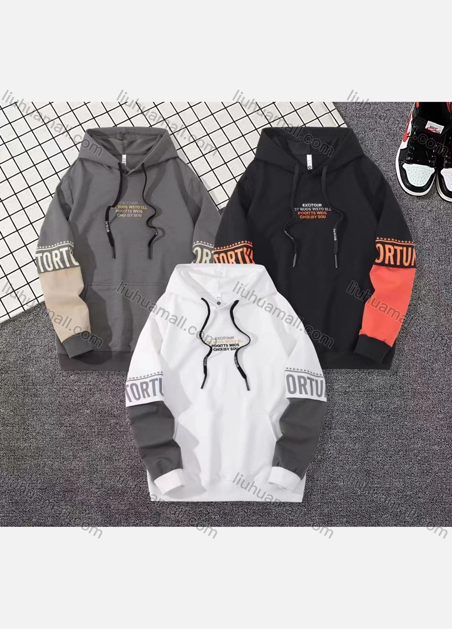Wholesale Men's Casual Colorblock Letter Print Drawstring Long Sleeve Kangaroo Pocket Hoodie - Liuhuamall
