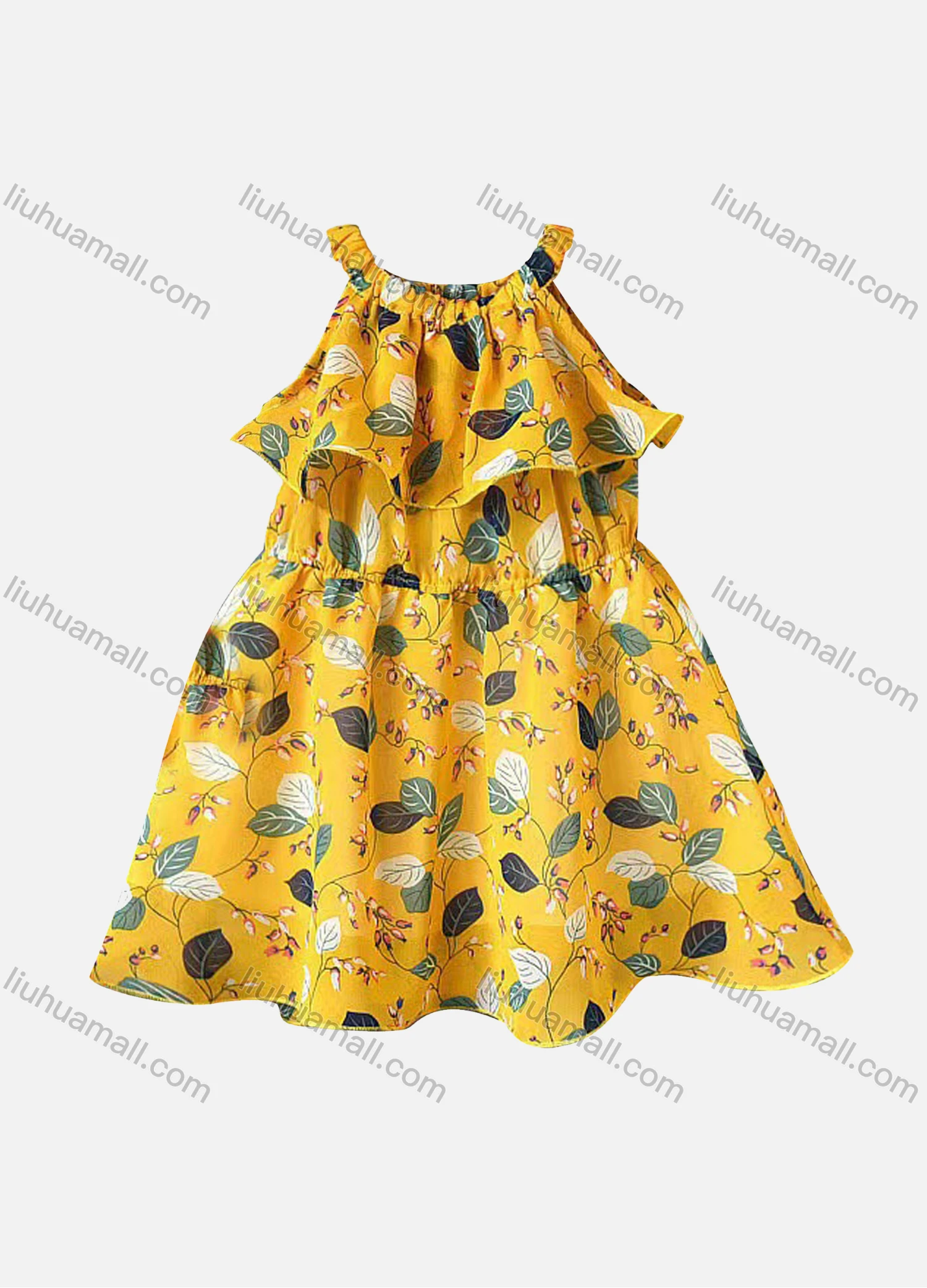 Wholesale Girls Cold Shoulder Ruffle Trim Leaf Print Cami Dress - Liuhuamall