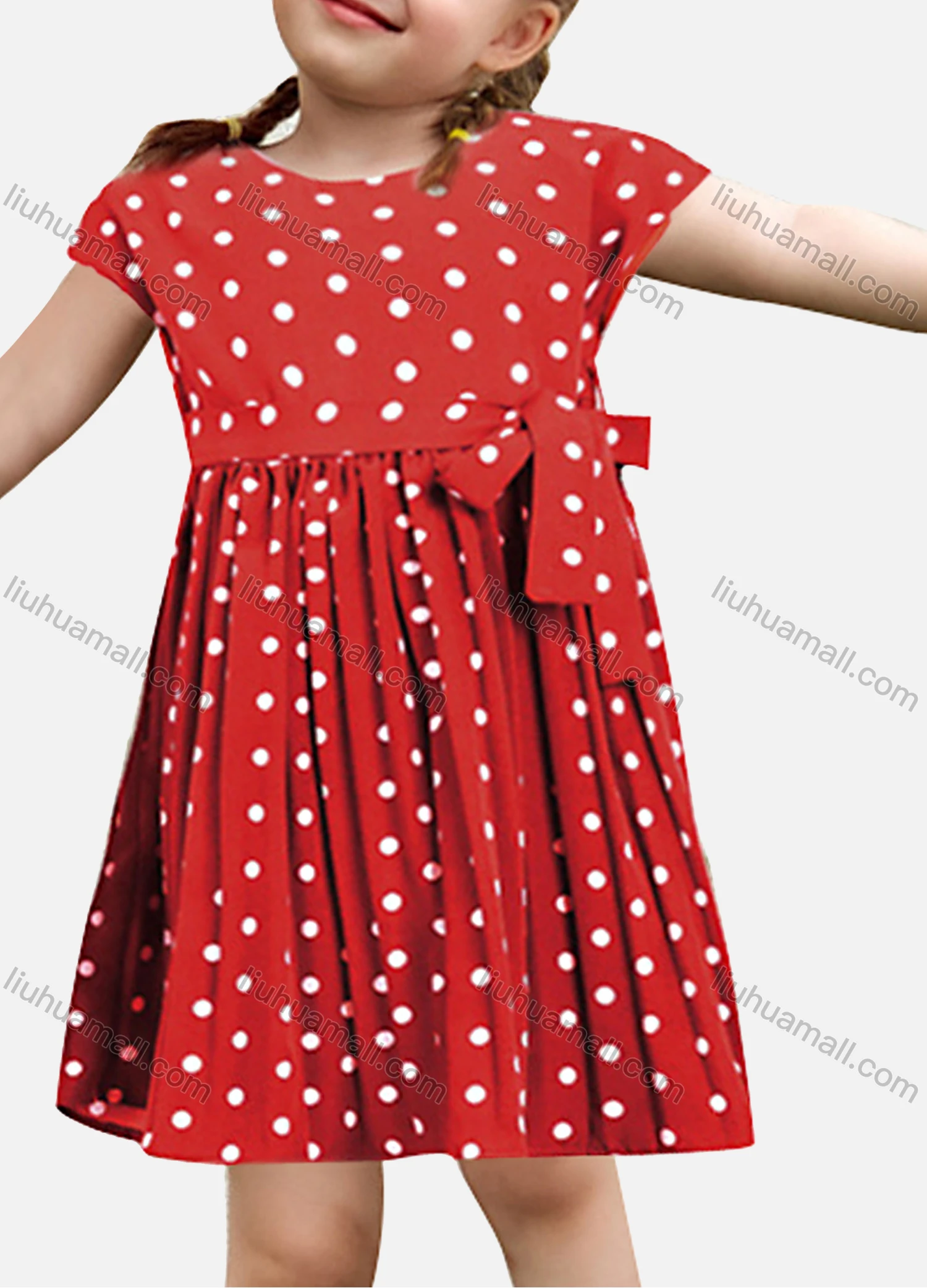 Wholesale Girls Polka Dots Print Tie Front Short Dress - Liuhuamall