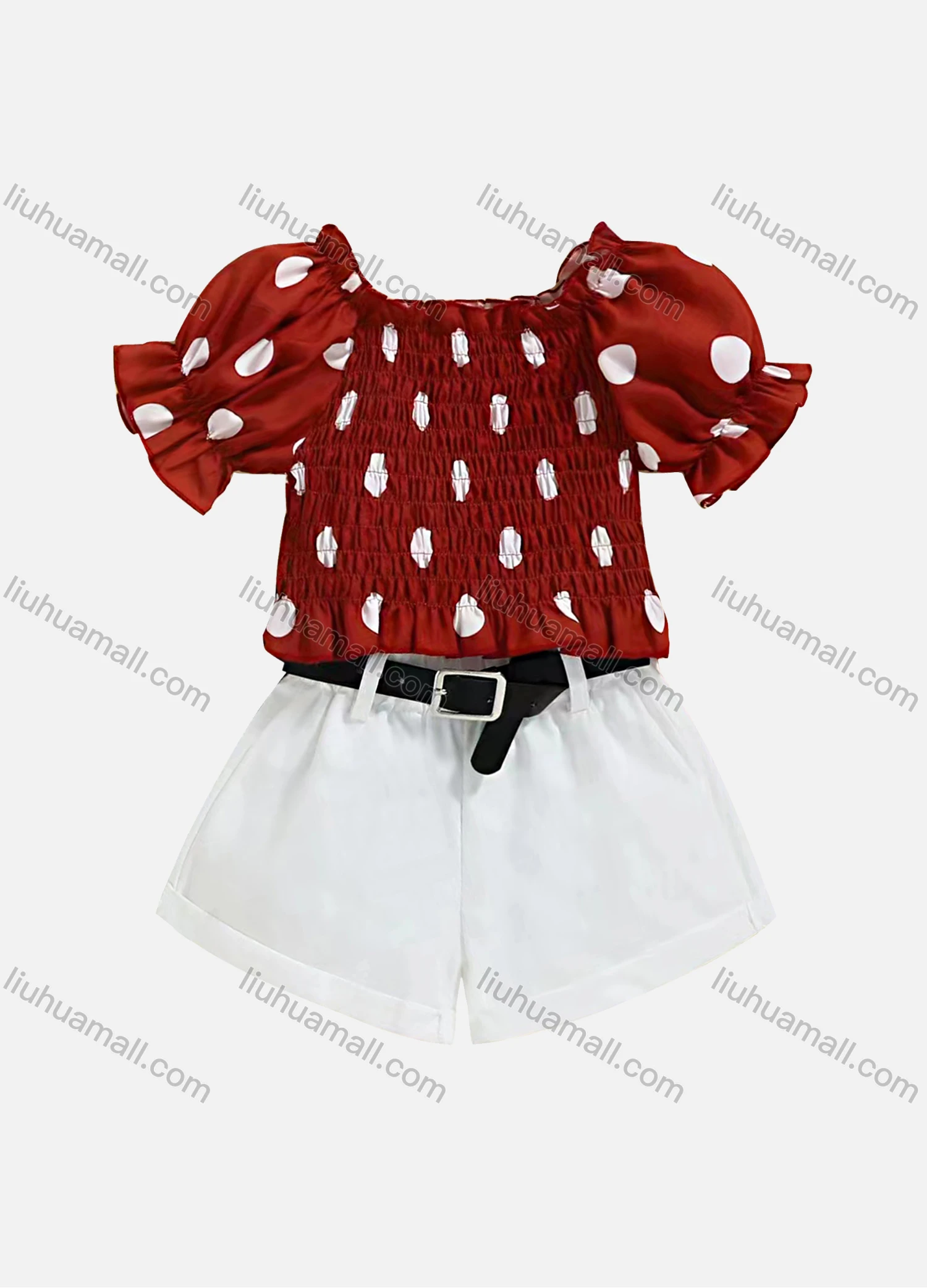 Wholesale Girls Puff Sleeve Shirred Top & Plain Pant With Belt - Liuhuamall