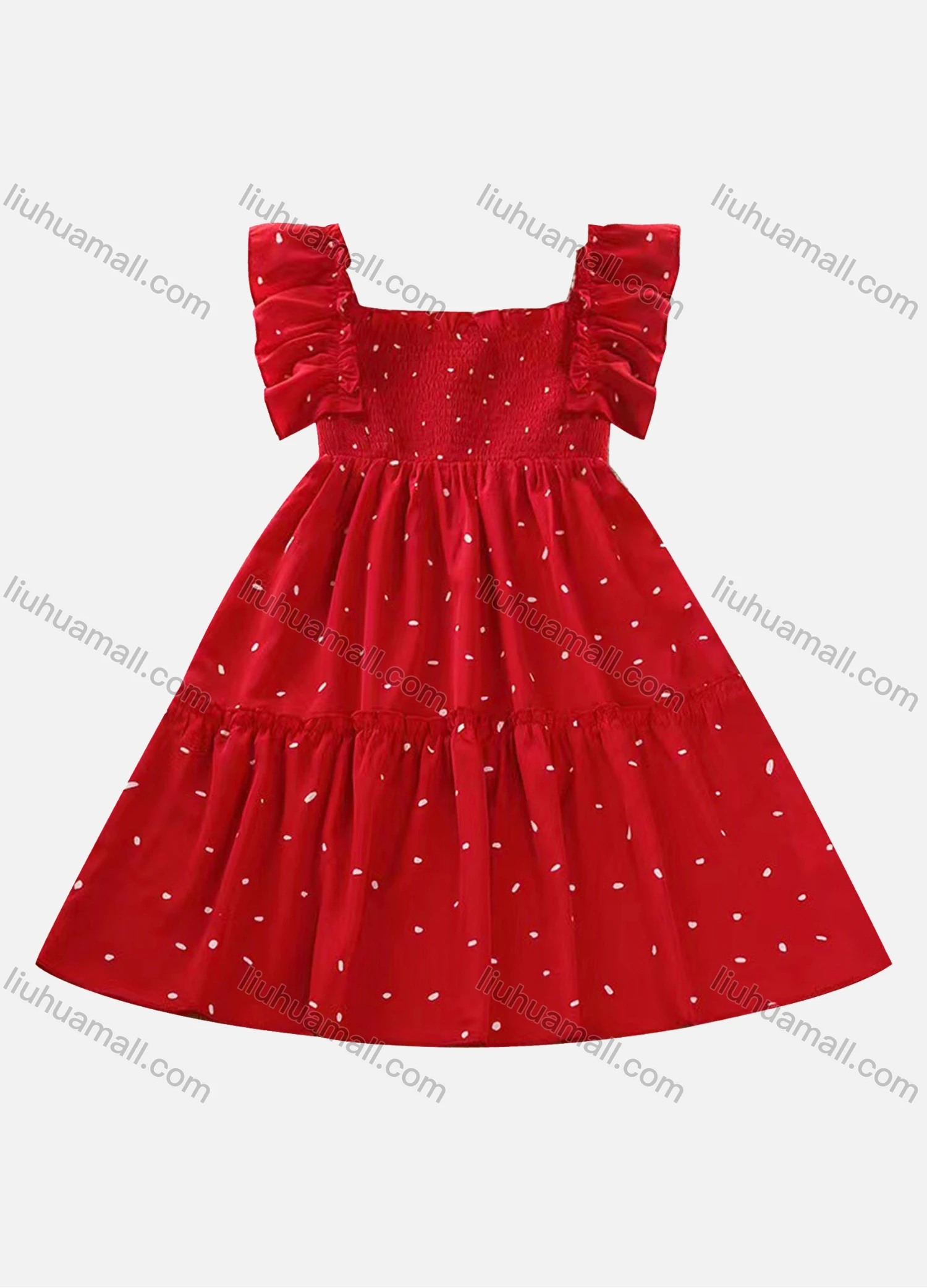 Wholesale Girls Sleeveless Ruffle Trim Allover Print Short Dress - Liuhuamall