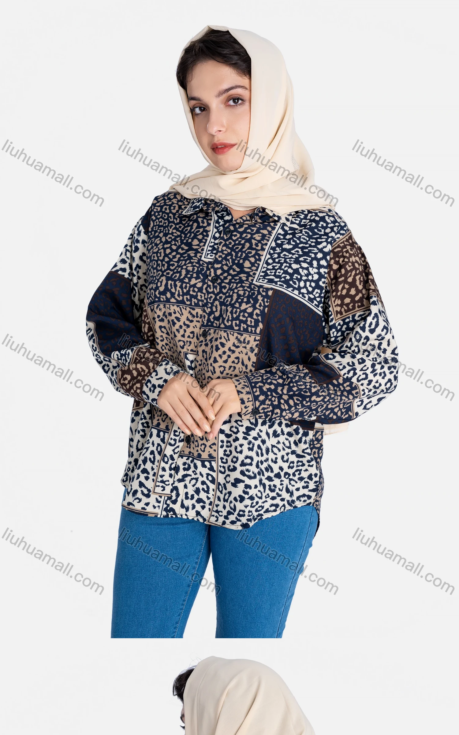 Wholesale Women's Patchwork Leopard Print Loose Fit Button Down Casual Shirt Without Hijab - Liuhuamall