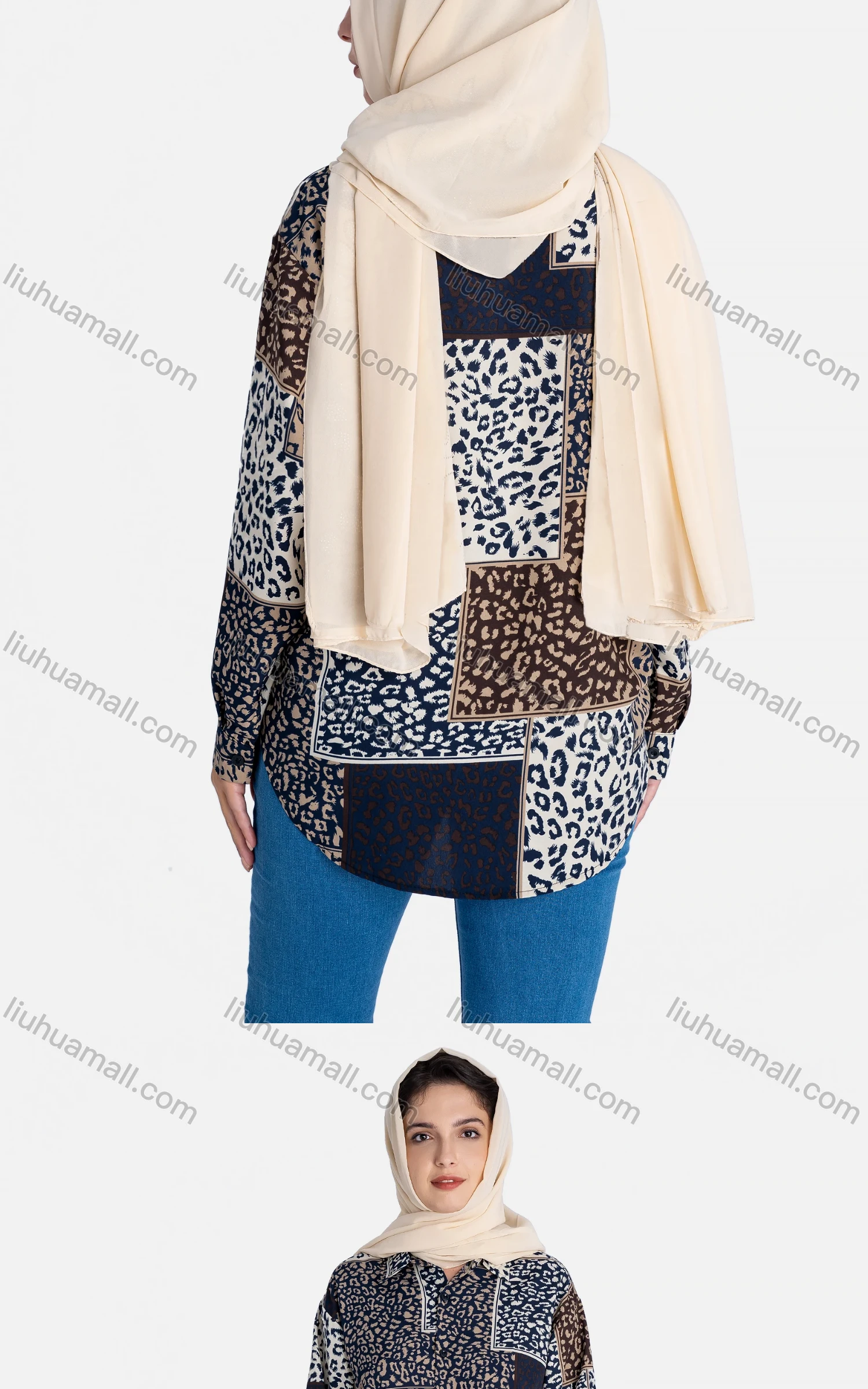 Wholesale Women's Patchwork Leopard Print Loose Fit Button Down Casual Shirt Without Hijab - Liuhuamall