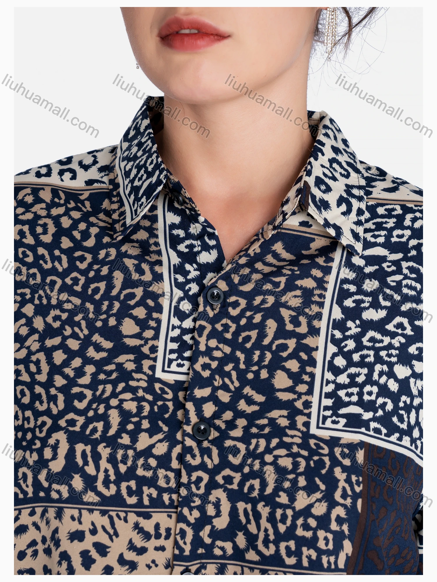 Wholesale Women's Patchwork Leopard Print Loose Fit Button Down Casual Shirt Without Hijab - Liuhuamall