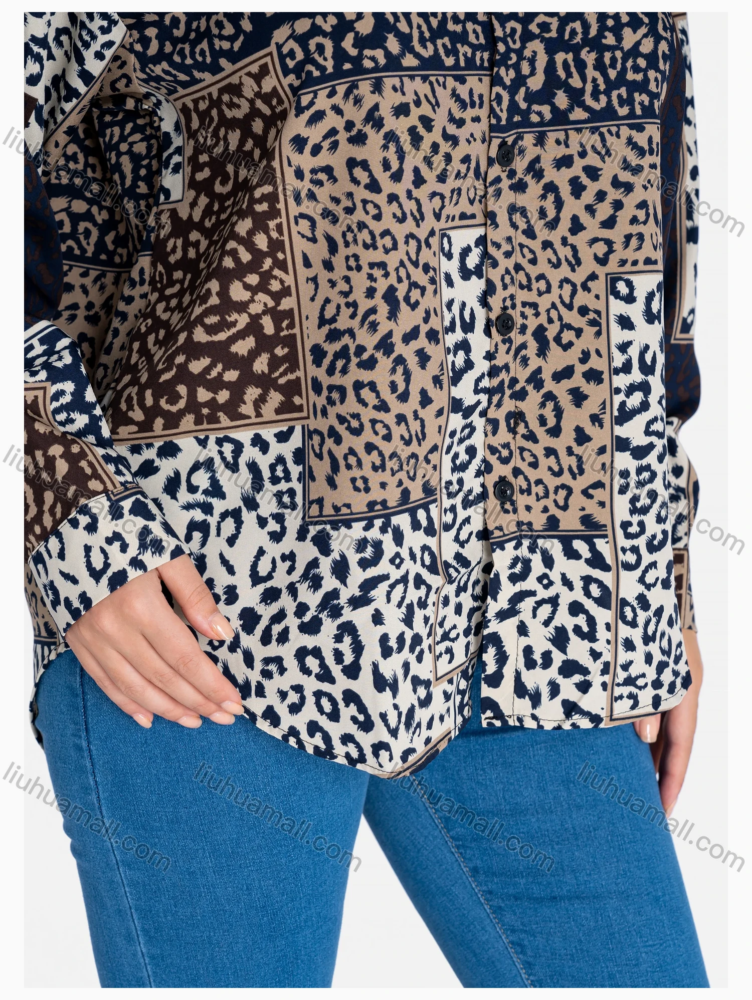 Wholesale Women's Patchwork Leopard Print Loose Fit Button Down Casual Shirt Without Hijab - Liuhuamall