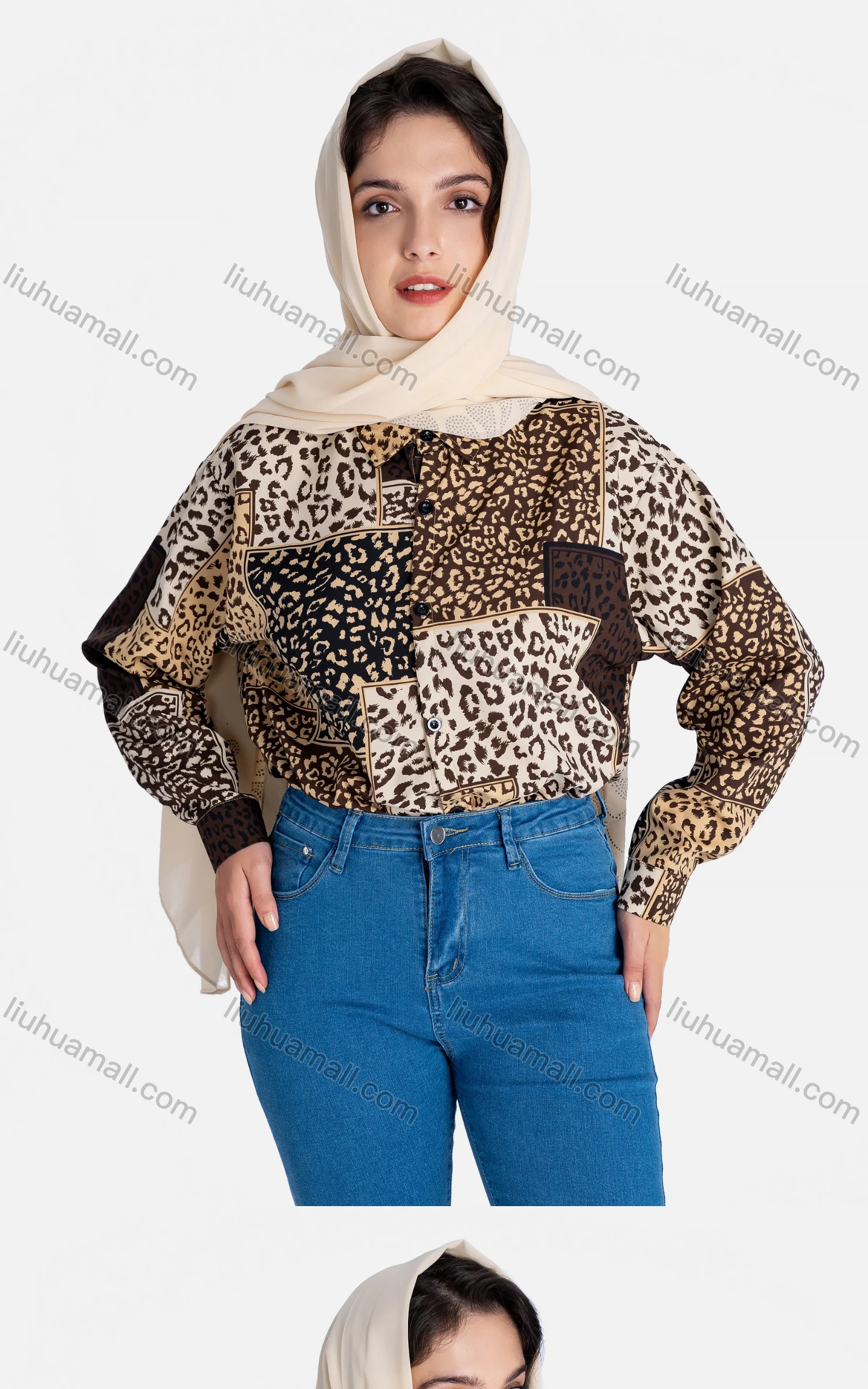 Wholesale Women's Patchwork Leopard Print Loose Fit Button Down Casual Shirt Without Hijab - Liuhuamall