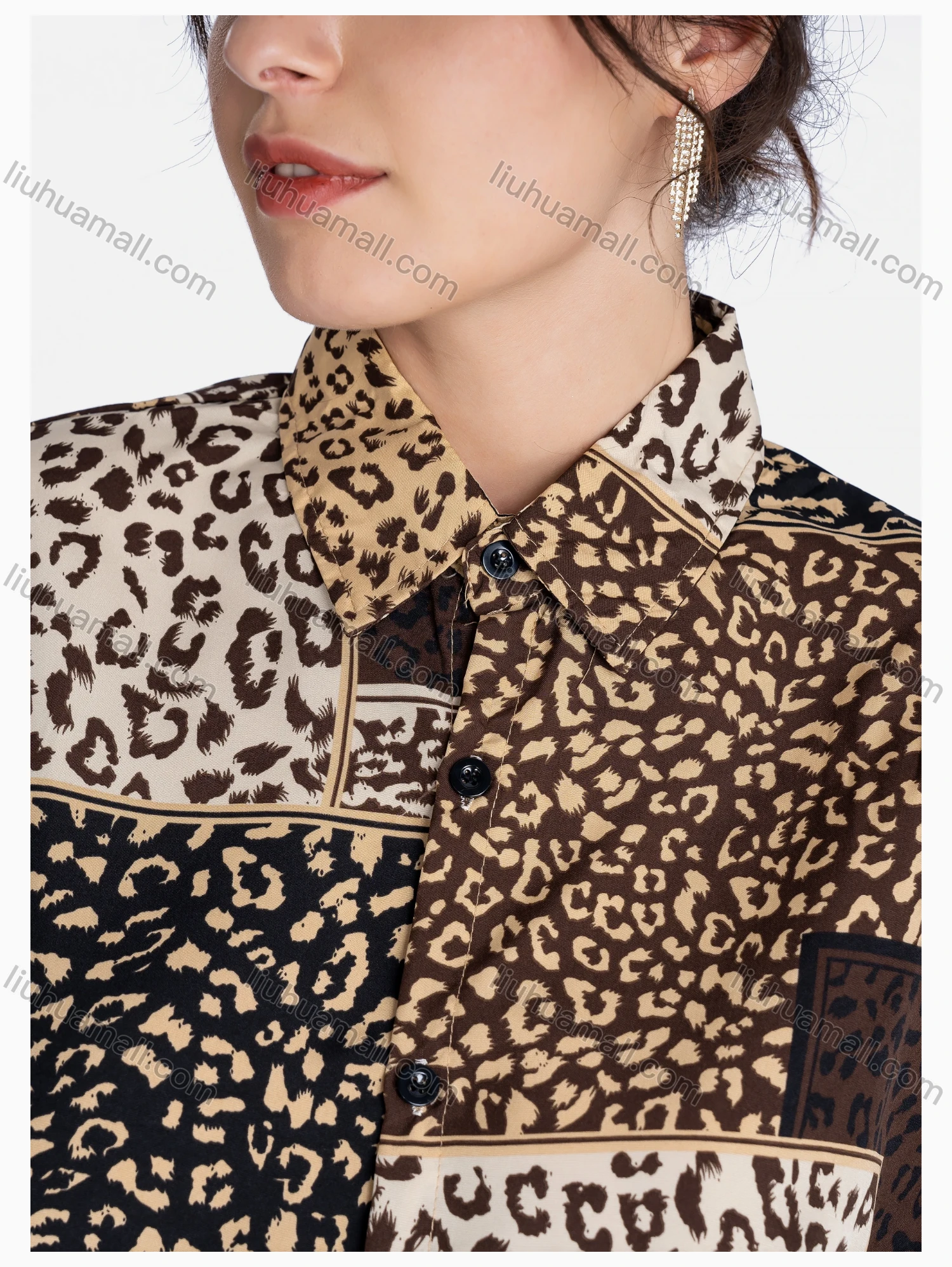 Wholesale Women's Patchwork Leopard Print Loose Fit Button Down Casual Shirt Without Hijab - Liuhuamall