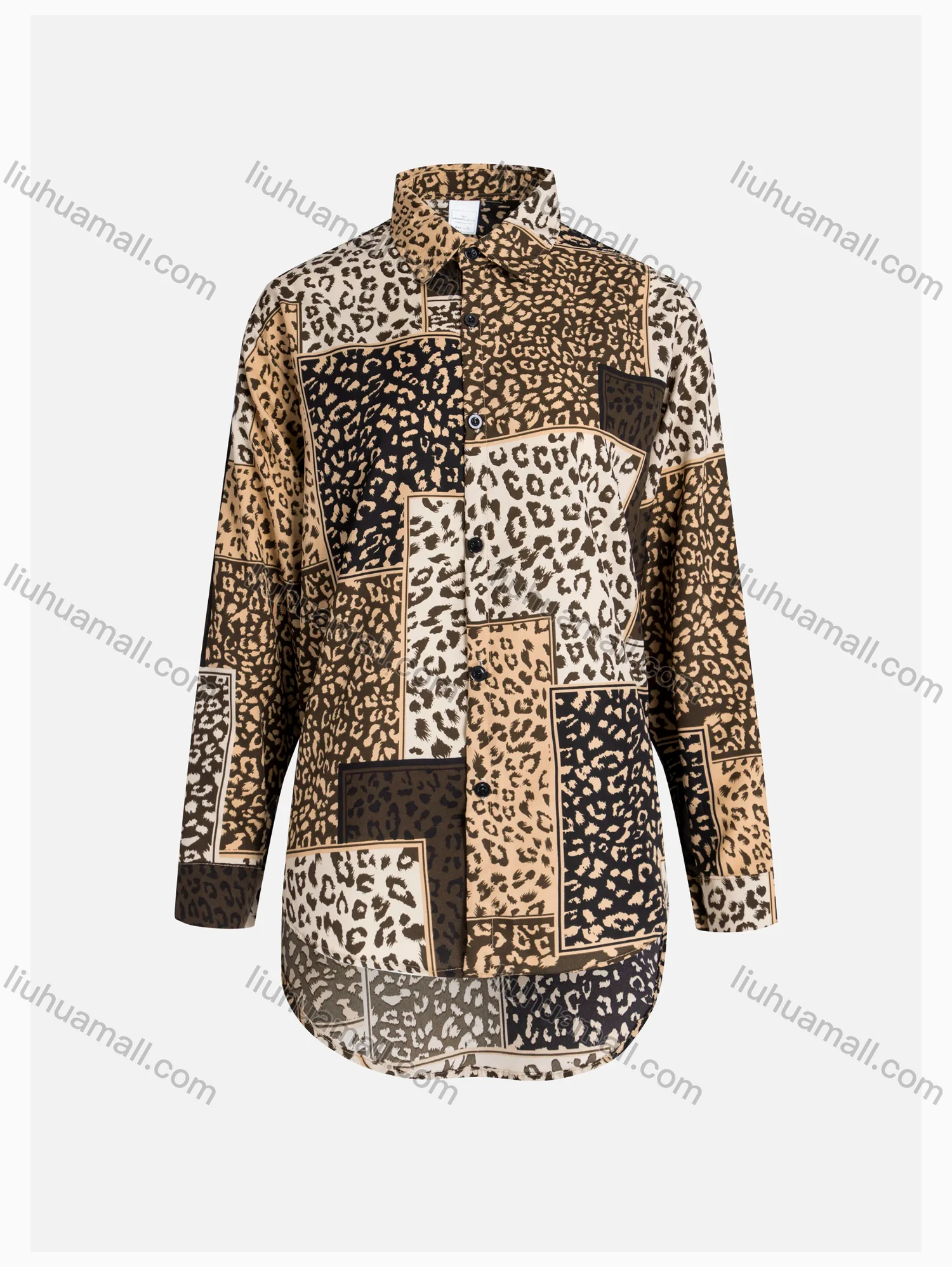 Wholesale Women's Patchwork Leopard Print Loose Fit Button Down Casual Shirt Without Hijab - Liuhuamall