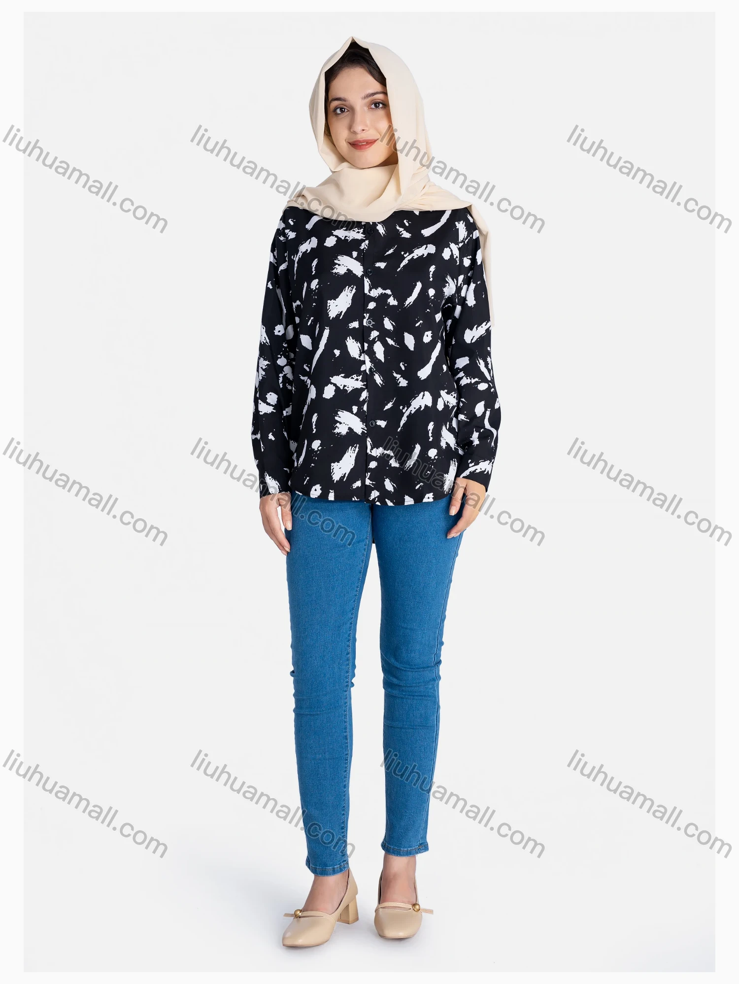 Wholesale Women's Allover Print Regular Fit Button Down Casual Shirt Without Hijab - Liuhuamall