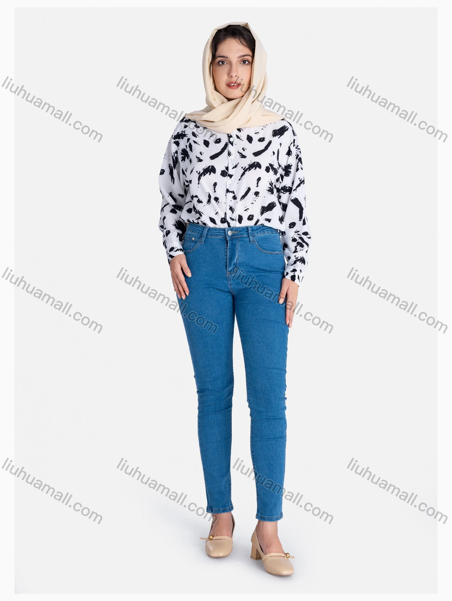 Wholesale Women's Allover Print Regular Fit Button Down Casual Shirt Without Hijab - Liuhuamall
