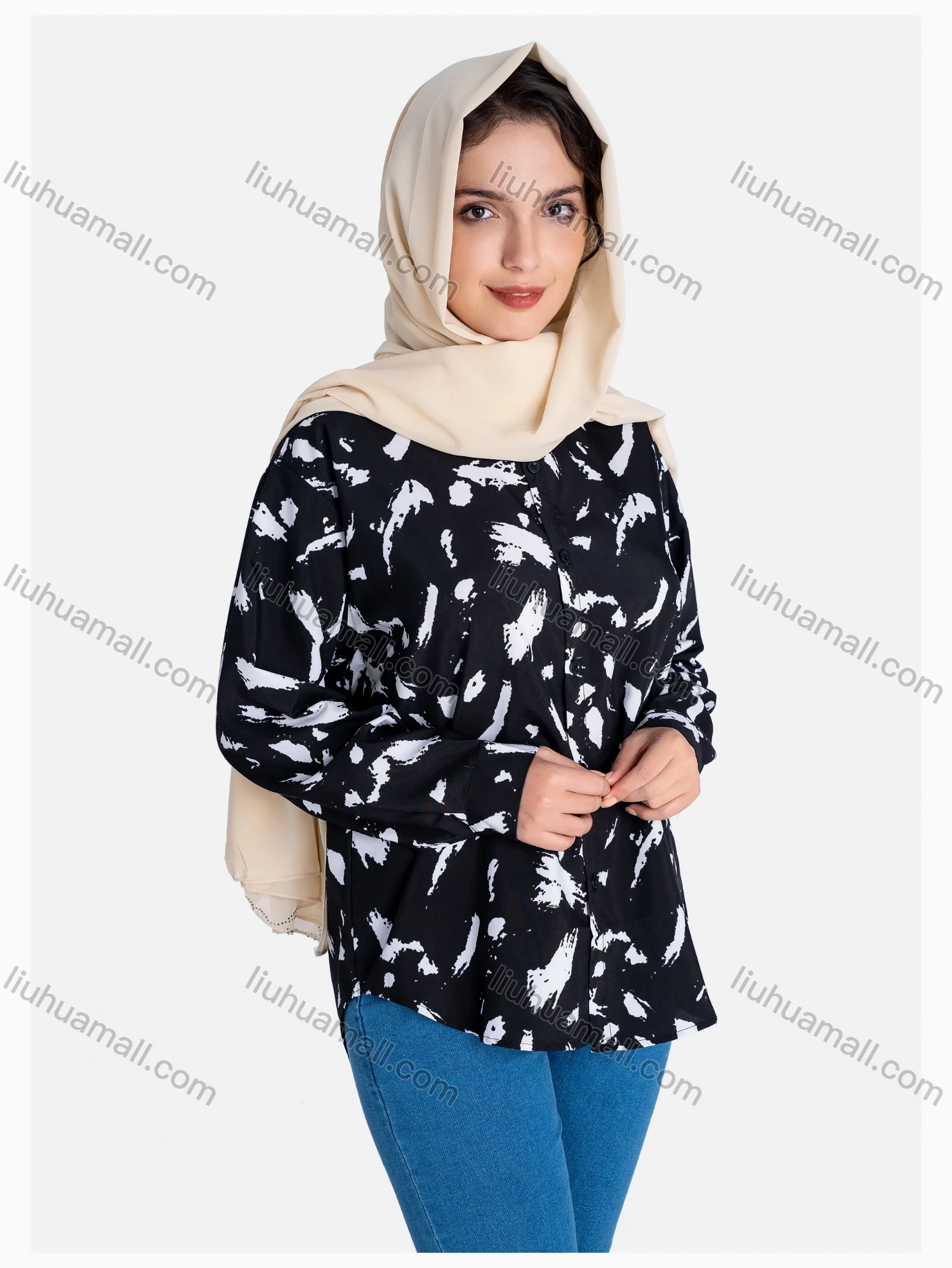 Wholesale Women's Allover Print Regular Fit Button Down Casual Shirt Without Hijab - Liuhuamall