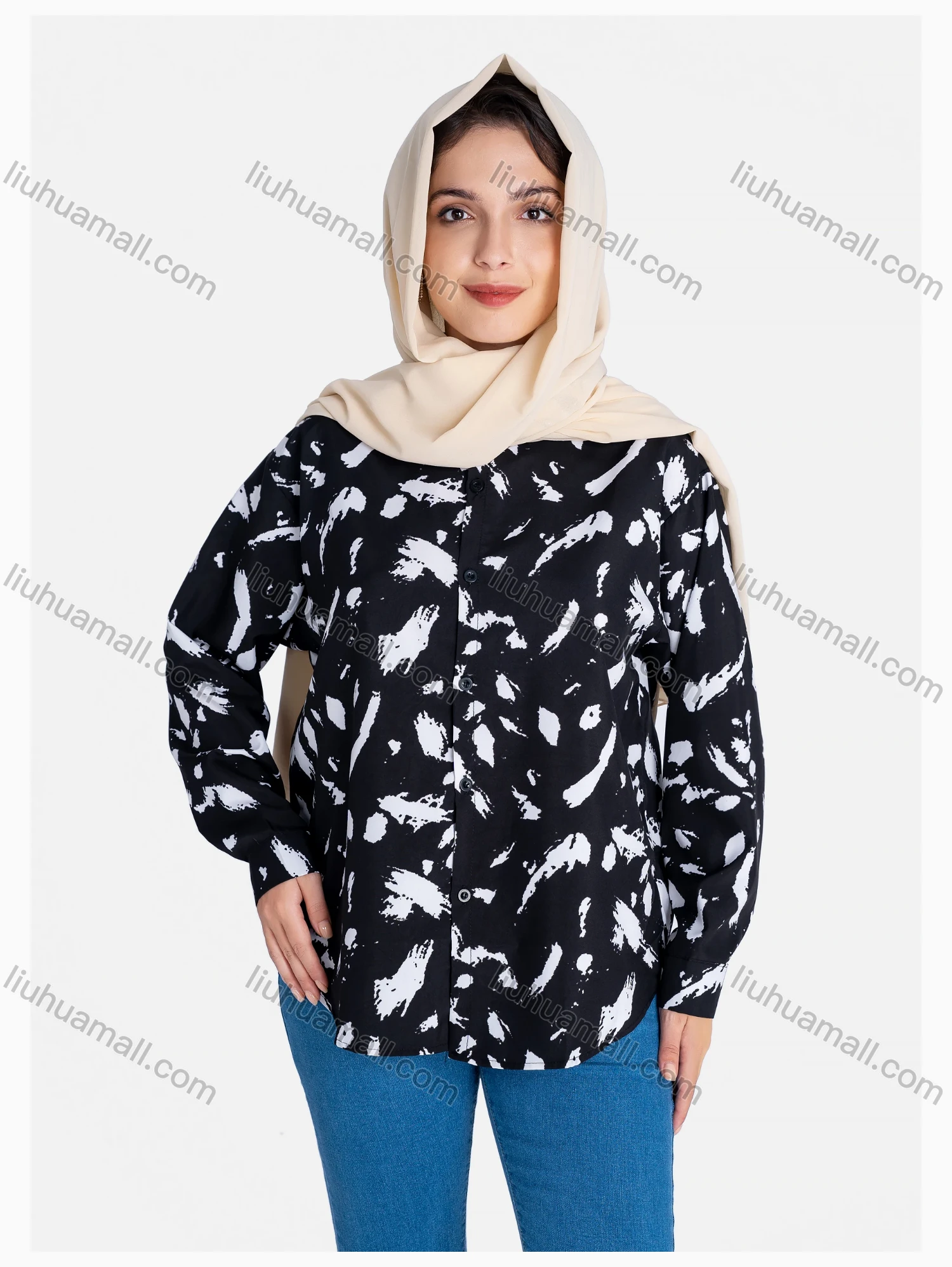 Wholesale Women's Allover Print Regular Fit Button Down Casual Shirt Without Hijab - Liuhuamall