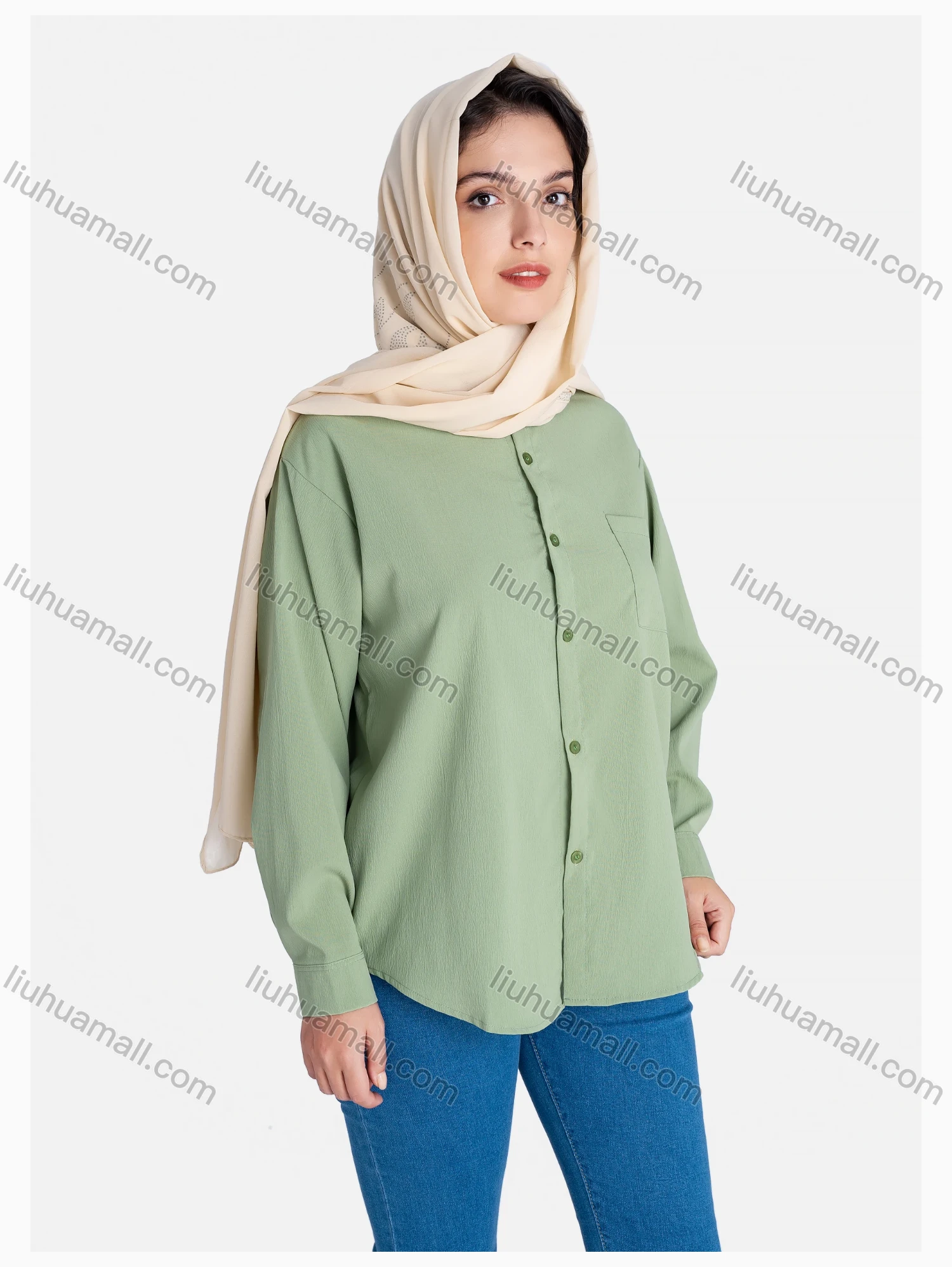 Wholesale Women's Plain Regular Fit Patch Pocket Button Down Casual Shirt Without Hijab - Liuhuamall