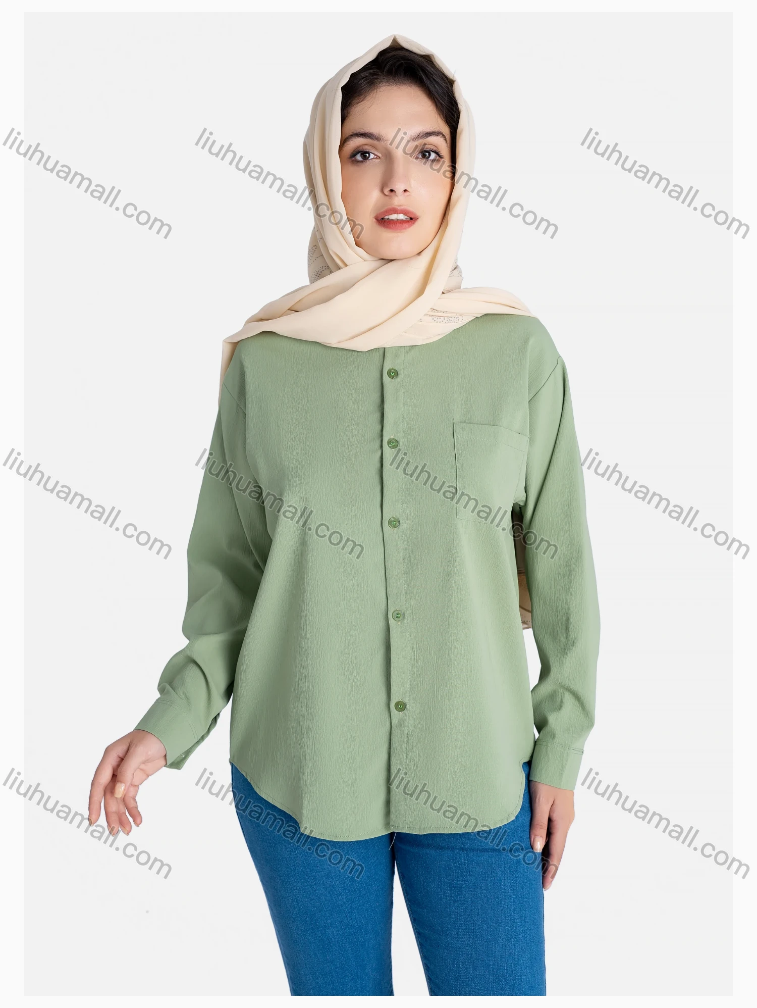 Wholesale Women's Plain Regular Fit Patch Pocket Button Down Casual Shirt Without Hijab - Liuhuamall