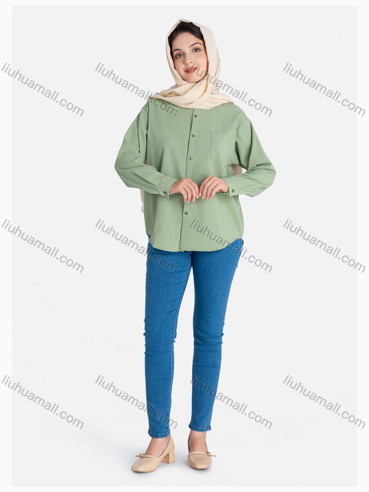 Wholesale Women's Plain Regular Fit Patch Pocket Button Down Casual Shirt Without Hijab - Liuhuamall