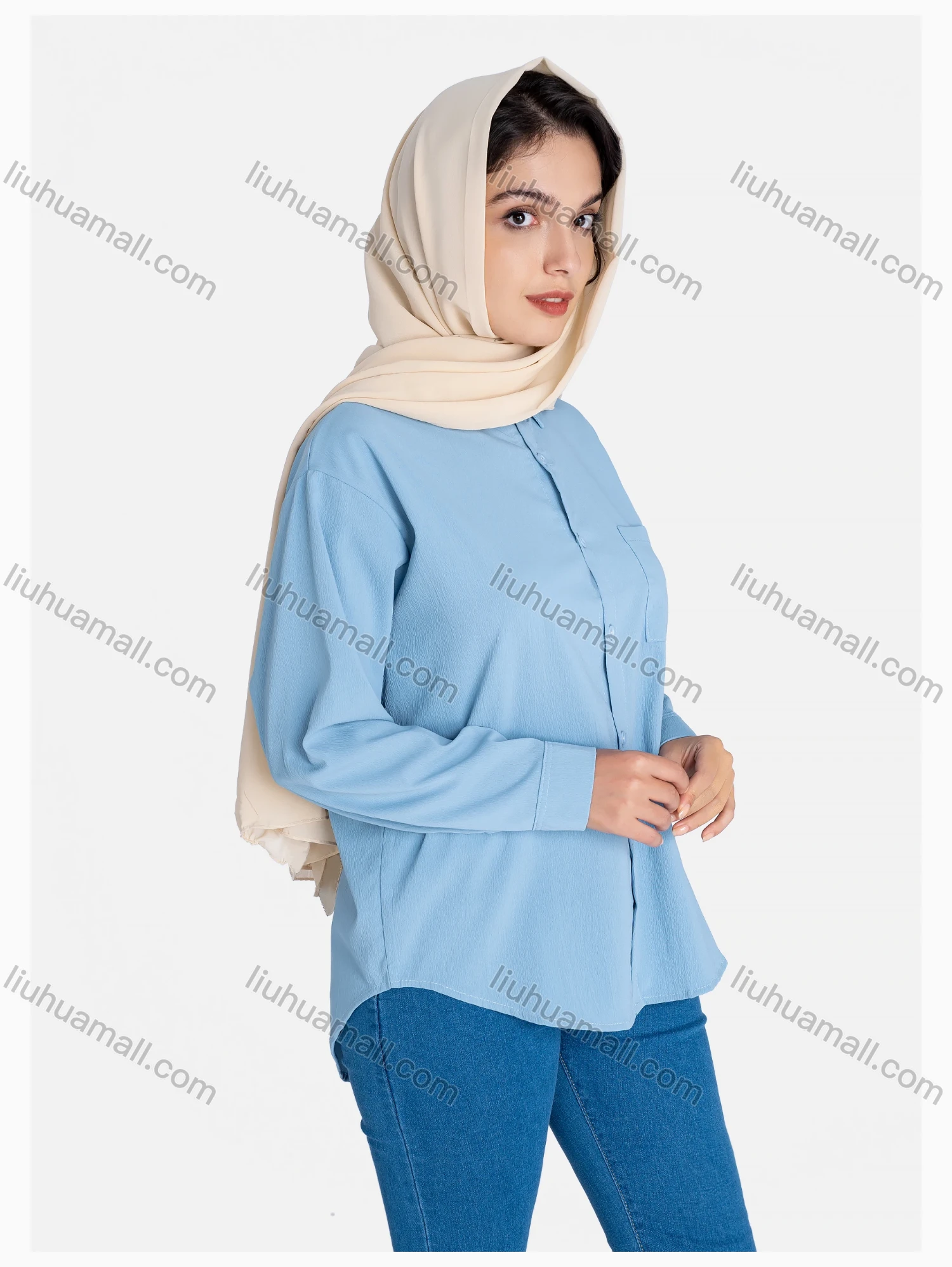 Wholesale Women's Plain Regular Fit Patch Pocket Button Down Casual Shirt Without Hijab - Liuhuamall