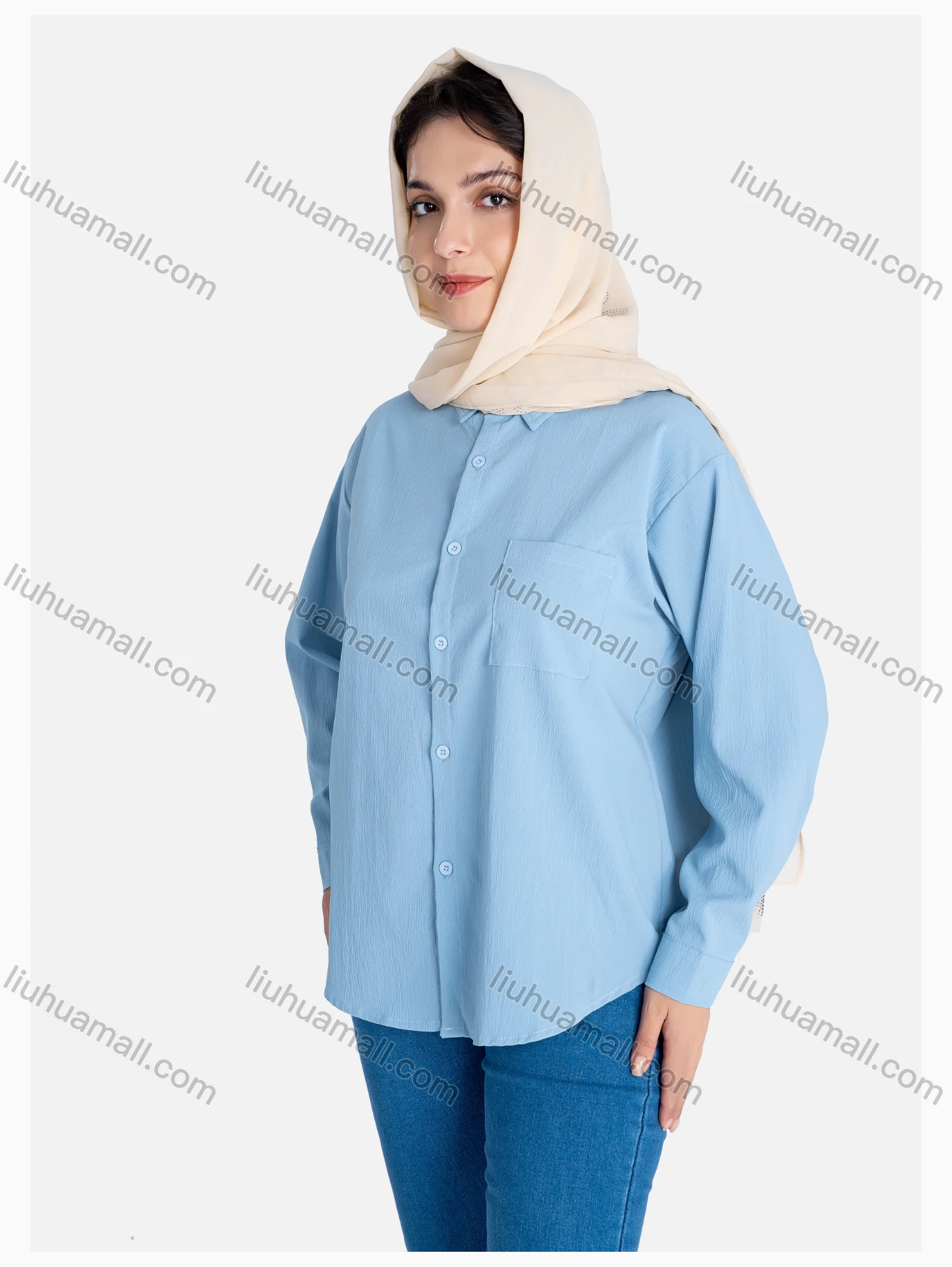 Wholesale Women's Plain Regular Fit Patch Pocket Button Down Casual Shirt Without Hijab - Liuhuamall