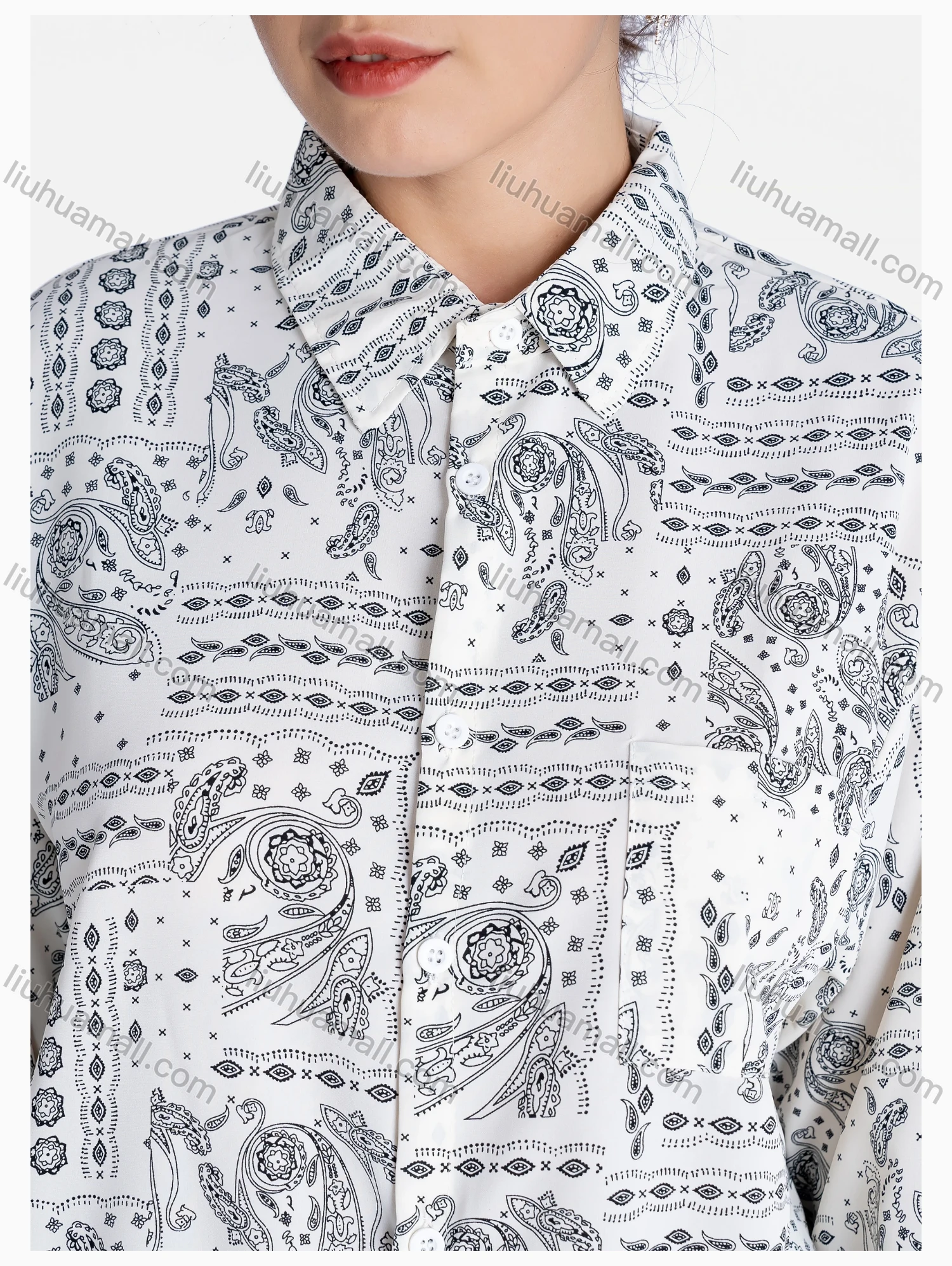 Wholesale Women's Paisley Print Regular Fit Patch Pocket Button Down Casual Shirt Without Hijab - Liuhuamall