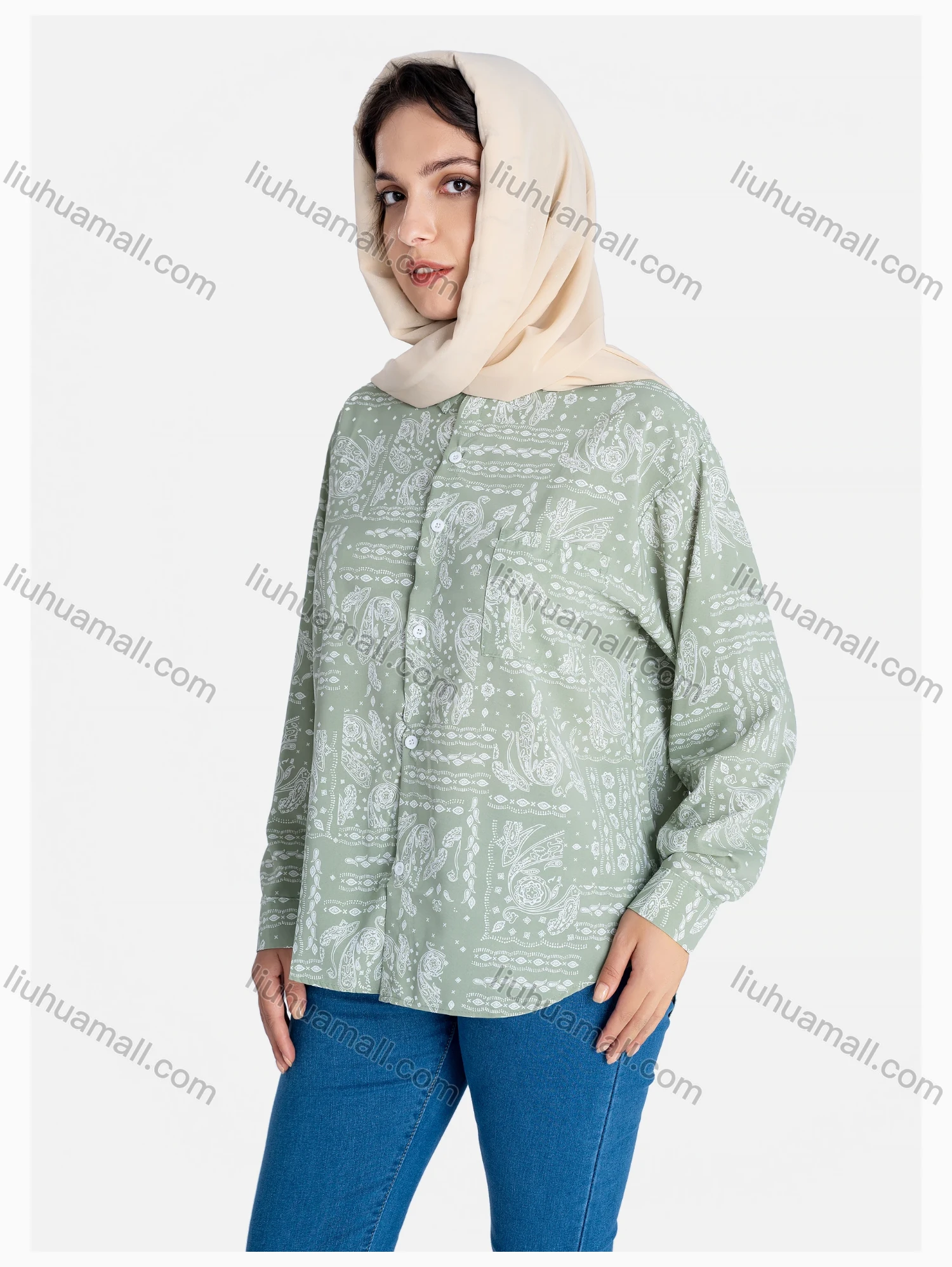 Wholesale Women's Paisley Print Regular Fit Patch Pocket Button Down Casual Shirt Without Hijab - Liuhuamall