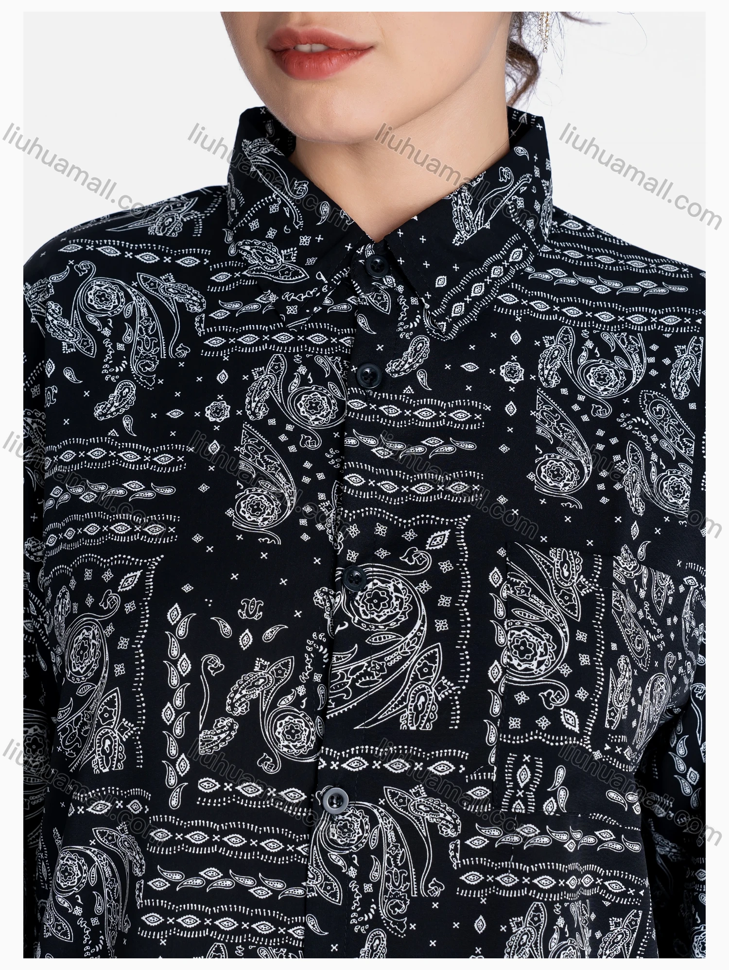 Wholesale Women's Paisley Print Regular Fit Patch Pocket Button Down Casual Shirt Without Hijab - Liuhuamall