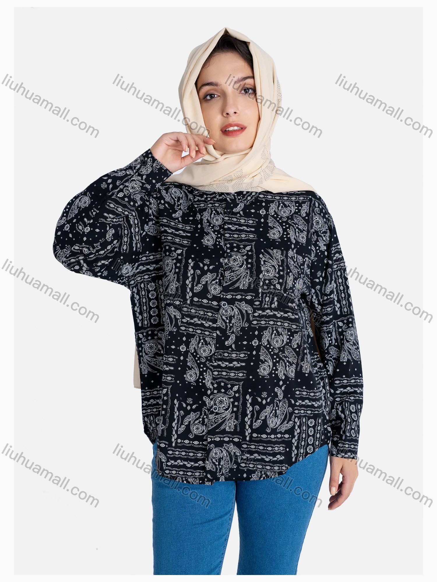 Wholesale Women's Paisley Print Regular Fit Patch Pocket Button Down Casual Shirt Without Hijab - Liuhuamall