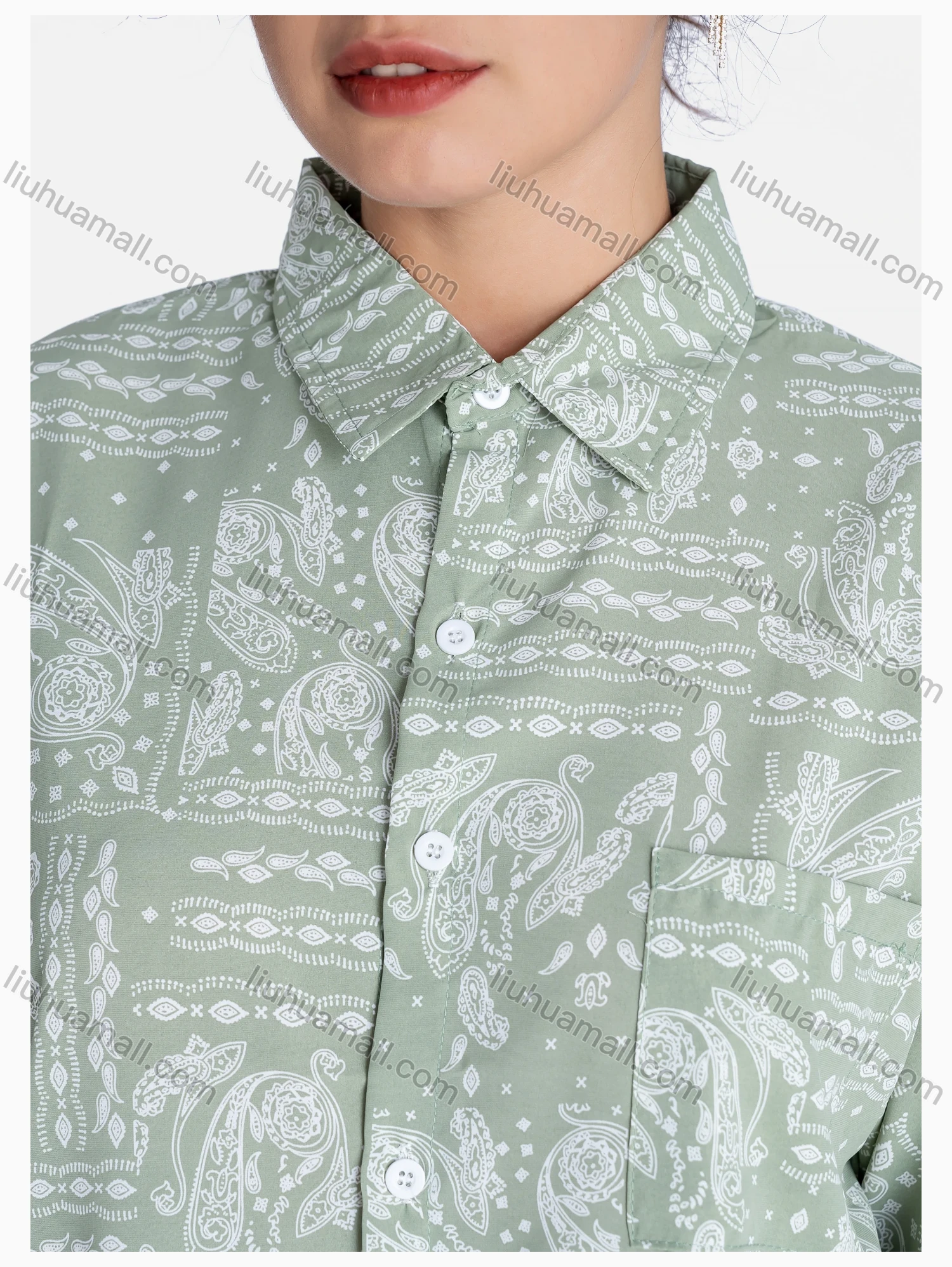 Wholesale Women's Paisley Print Regular Fit Patch Pocket Button Down Casual Shirt Without Hijab - Liuhuamall