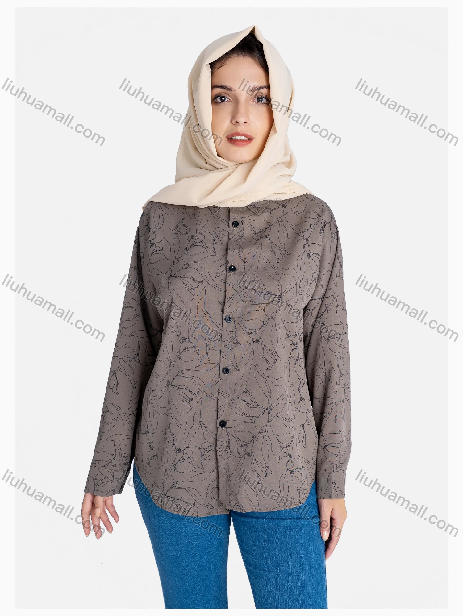 Wholesale Women's Floral Print Regular Fit Patch Pocket Button Down Casual Shirt Without Hijab - Liuhuamall