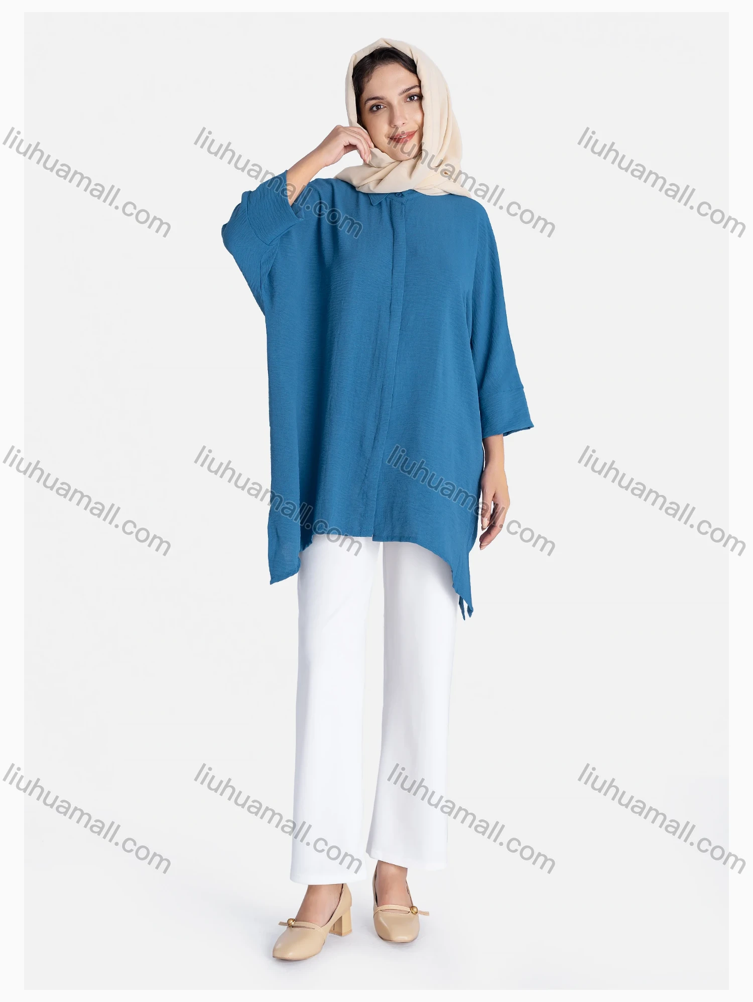 Wholesale Women's Plain 3/4 Sleeve Hanky Hem Button Front Casual Tunic - Liuhuamall