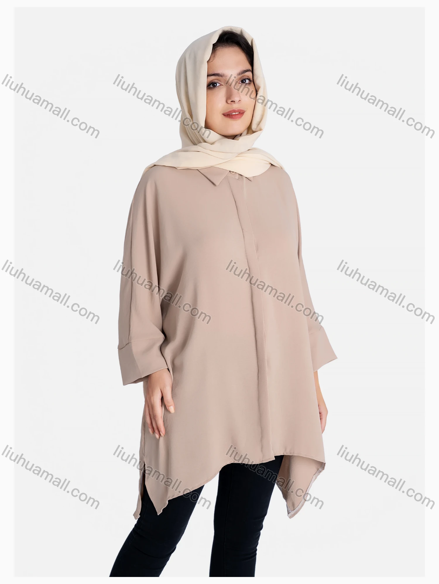 Wholesale Women's Plain 3/4 Sleeve Hanky Hem Button Front Casual Tunic - Liuhuamall