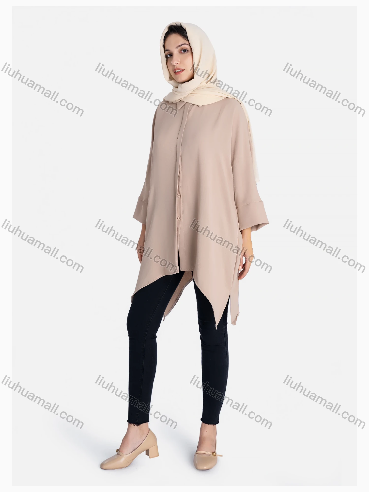 Wholesale Women's Plain 3/4 Sleeve Hanky Hem Button Front Casual Tunic - Liuhuamall