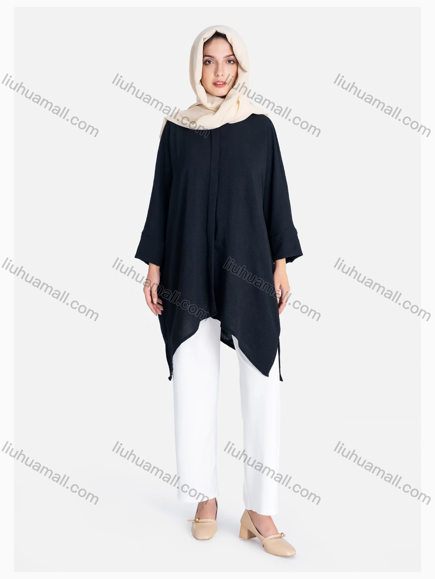 Wholesale Women's Plain 3/4 Sleeve Hanky Hem Button Front Casual Tunic - Liuhuamall