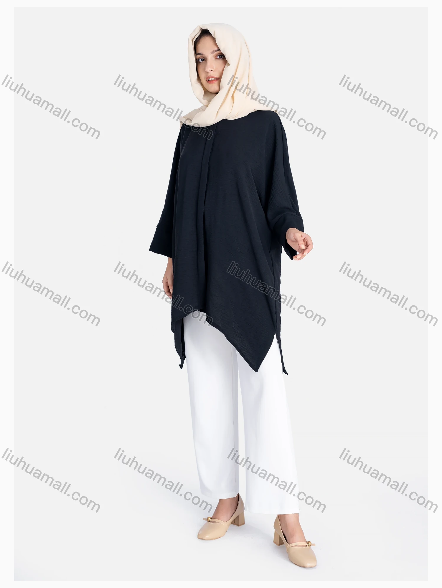 Wholesale Women's Plain 3/4 Sleeve Hanky Hem Button Front Casual Tunic - Liuhuamall