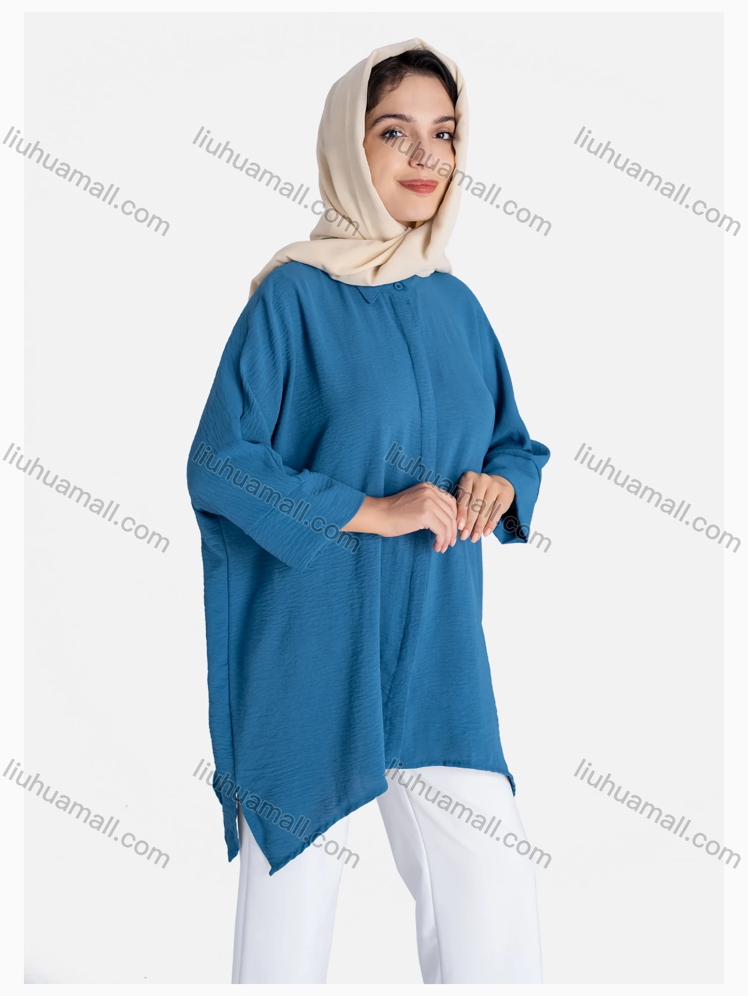 Wholesale Women's Plain 3/4 Sleeve Hanky Hem Button Front Casual Tunic - Liuhuamall