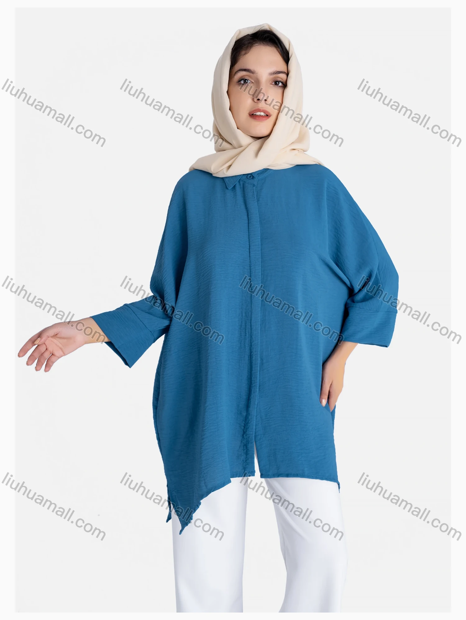 Wholesale Women's Plain 3/4 Sleeve Hanky Hem Button Front Casual Tunic - Liuhuamall