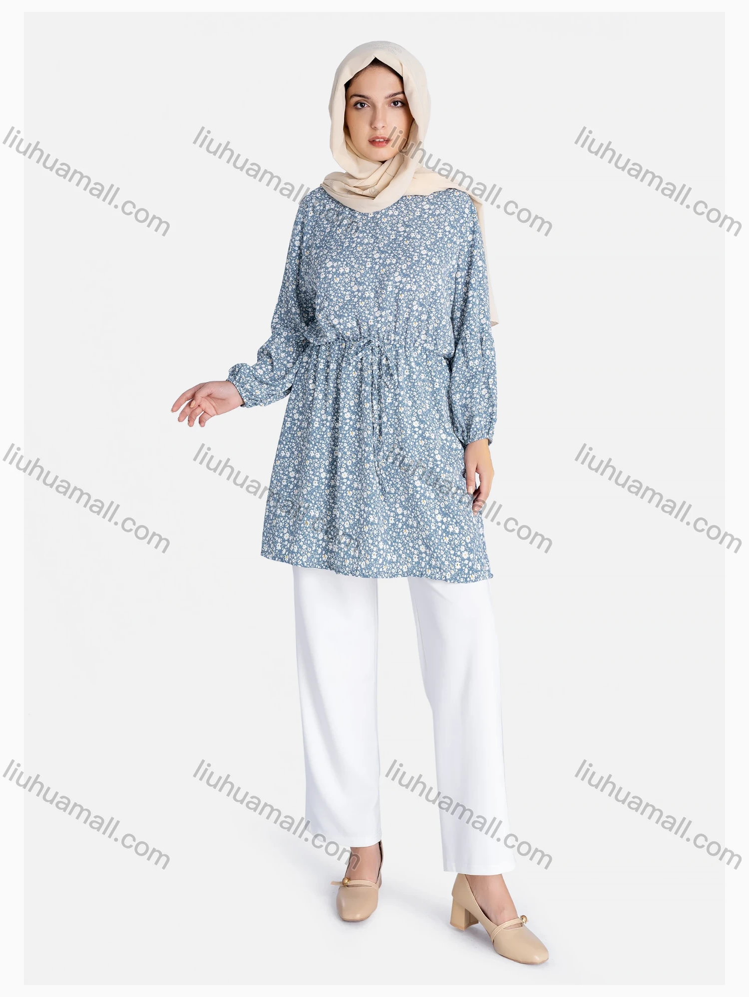 Wholesale Women's Crew Neck Drawstring Long Sleeve Floral Print Tunic - Liuhuamall