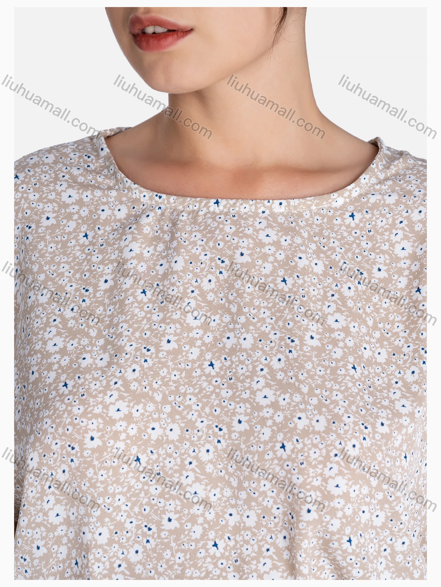 Wholesale Women's Crew Neck Drawstring Long Sleeve Floral Print Tunic - Liuhuamall