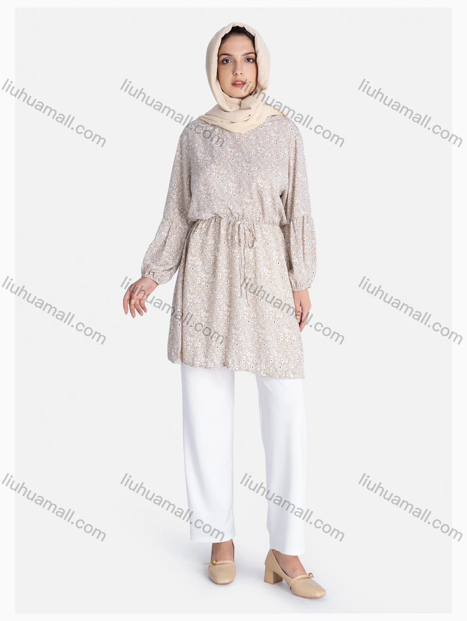 Wholesale Women's Crew Neck Drawstring Long Sleeve Floral Print Tunic - Liuhuamall