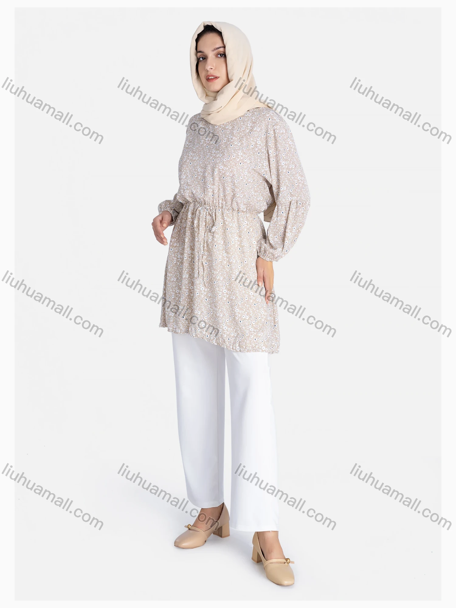 Wholesale Women's Crew Neck Drawstring Long Sleeve Floral Print Tunic - Liuhuamall