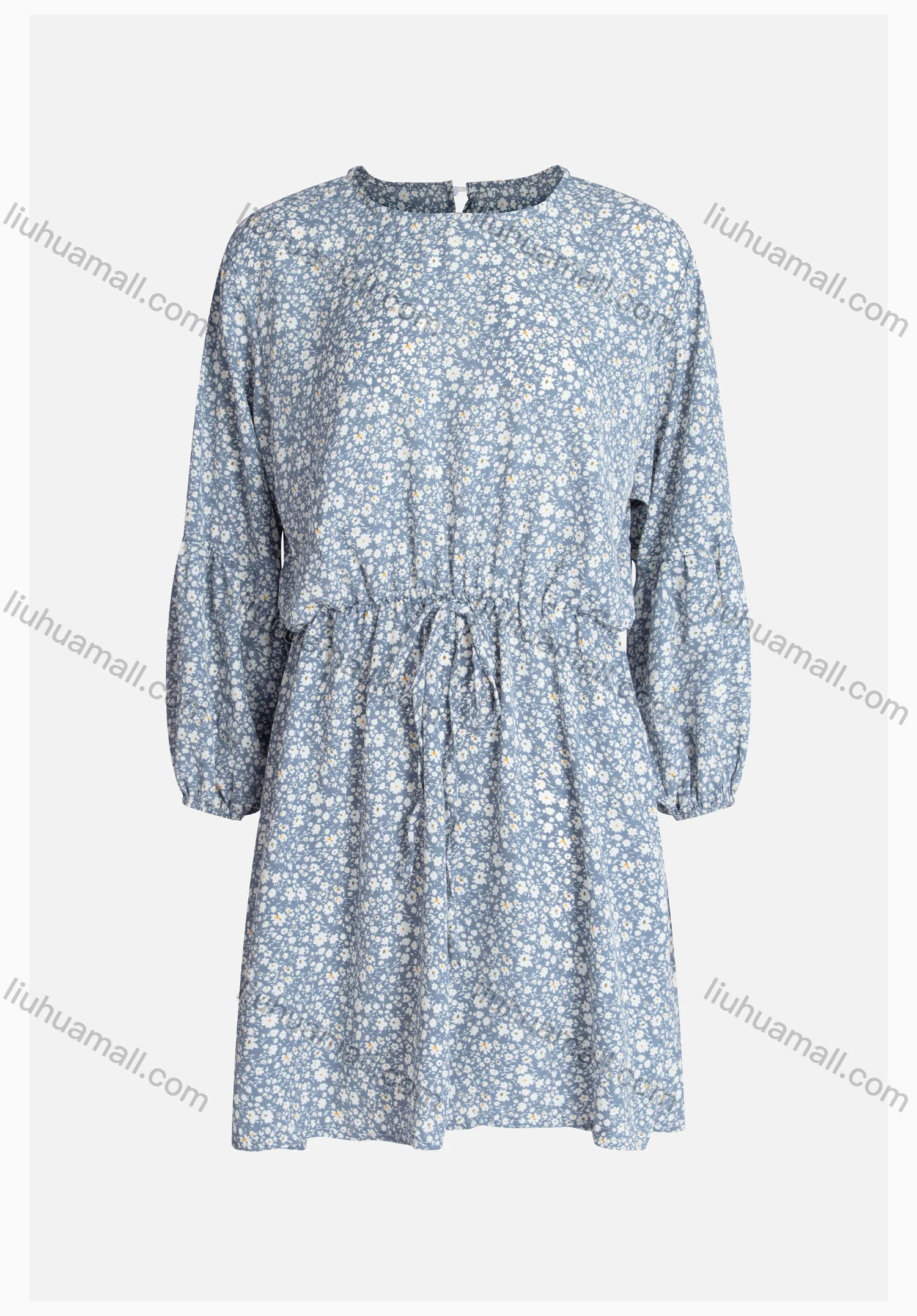 Wholesale Women's Crew Neck Drawstring Long Sleeve Floral Print Tunic - Liuhuamall