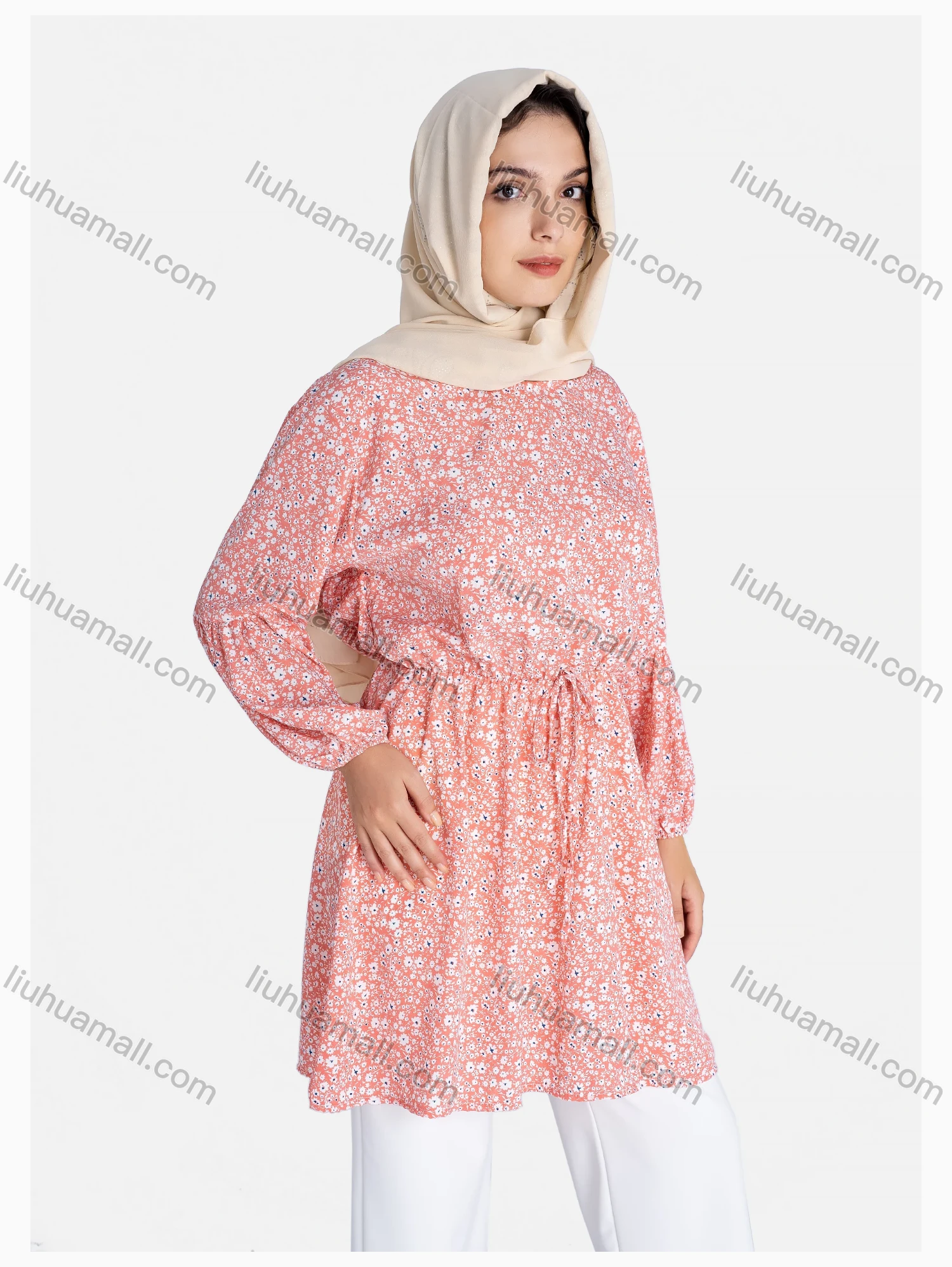 Wholesale Women's Crew Neck Drawstring Long Sleeve Floral Print Tunic - Liuhuamall