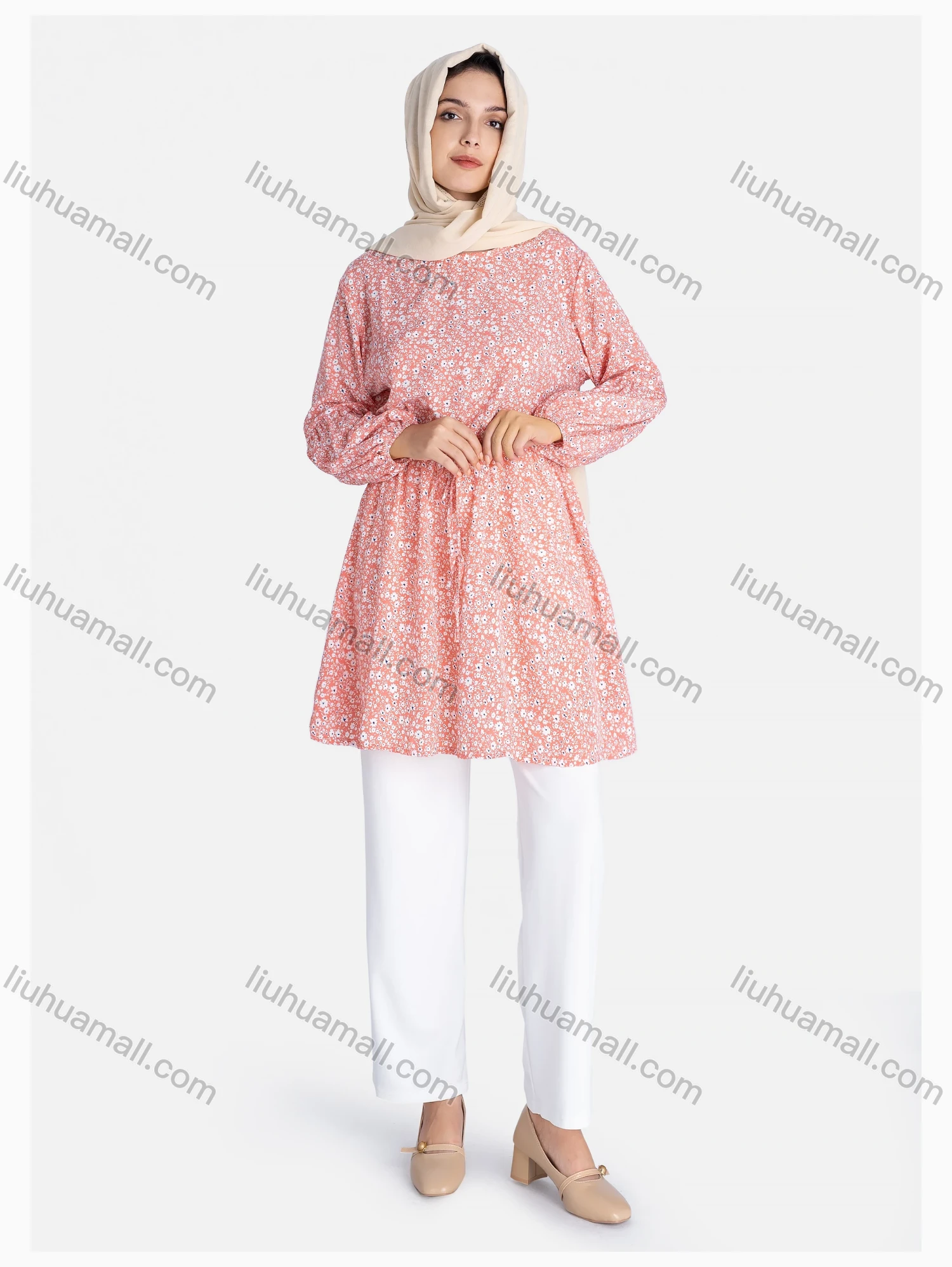 Wholesale Women's Crew Neck Drawstring Long Sleeve Floral Print Tunic - Liuhuamall