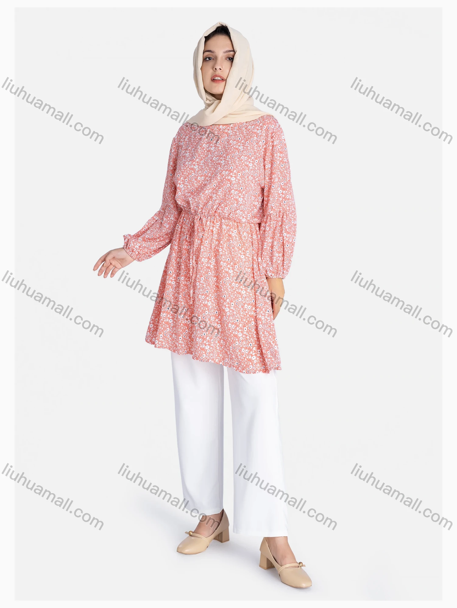 Wholesale Women's Crew Neck Drawstring Long Sleeve Floral Print Tunic - Liuhuamall