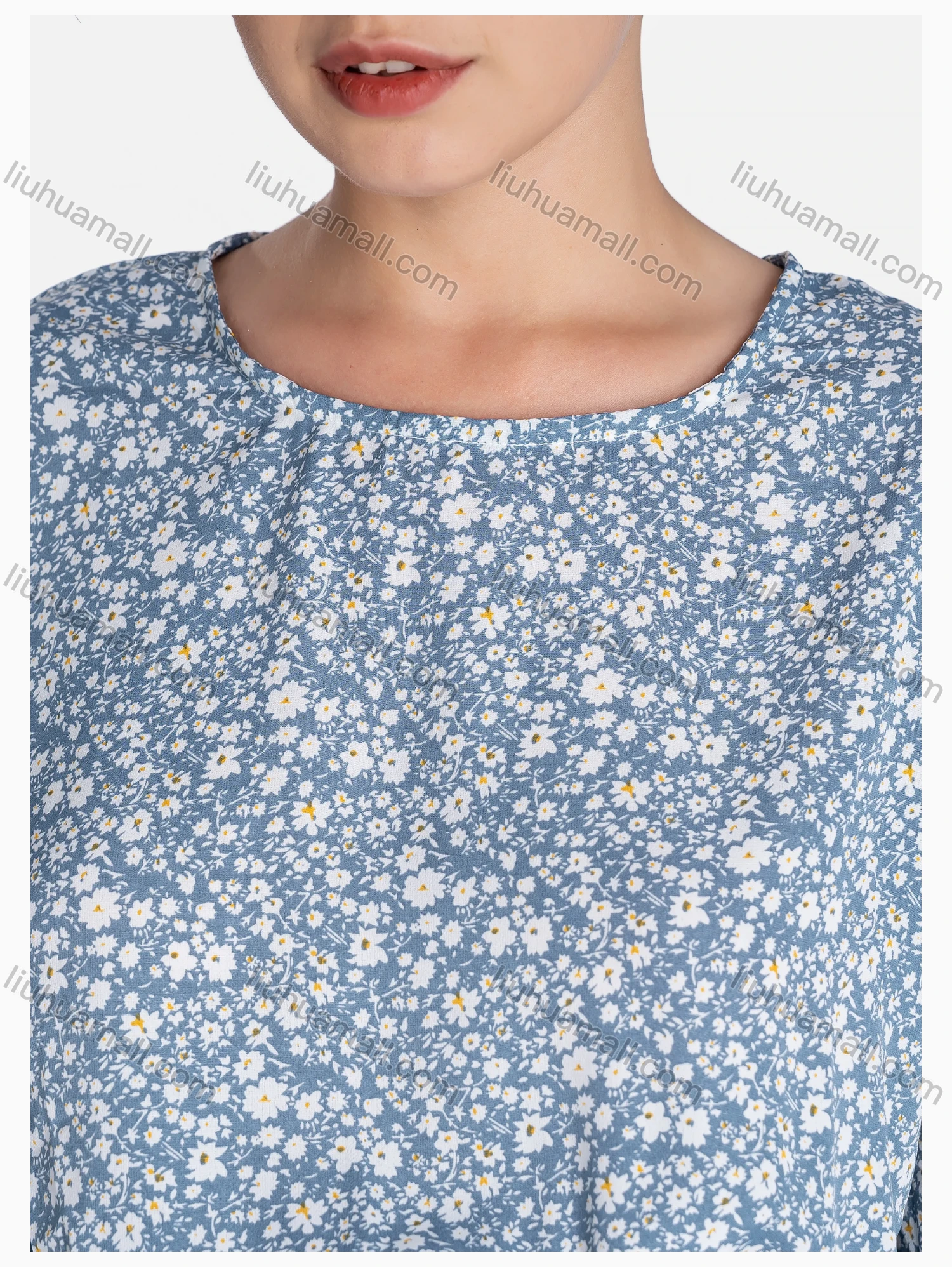 Wholesale Women's Crew Neck Drawstring Long Sleeve Floral Print Tunic - Liuhuamall