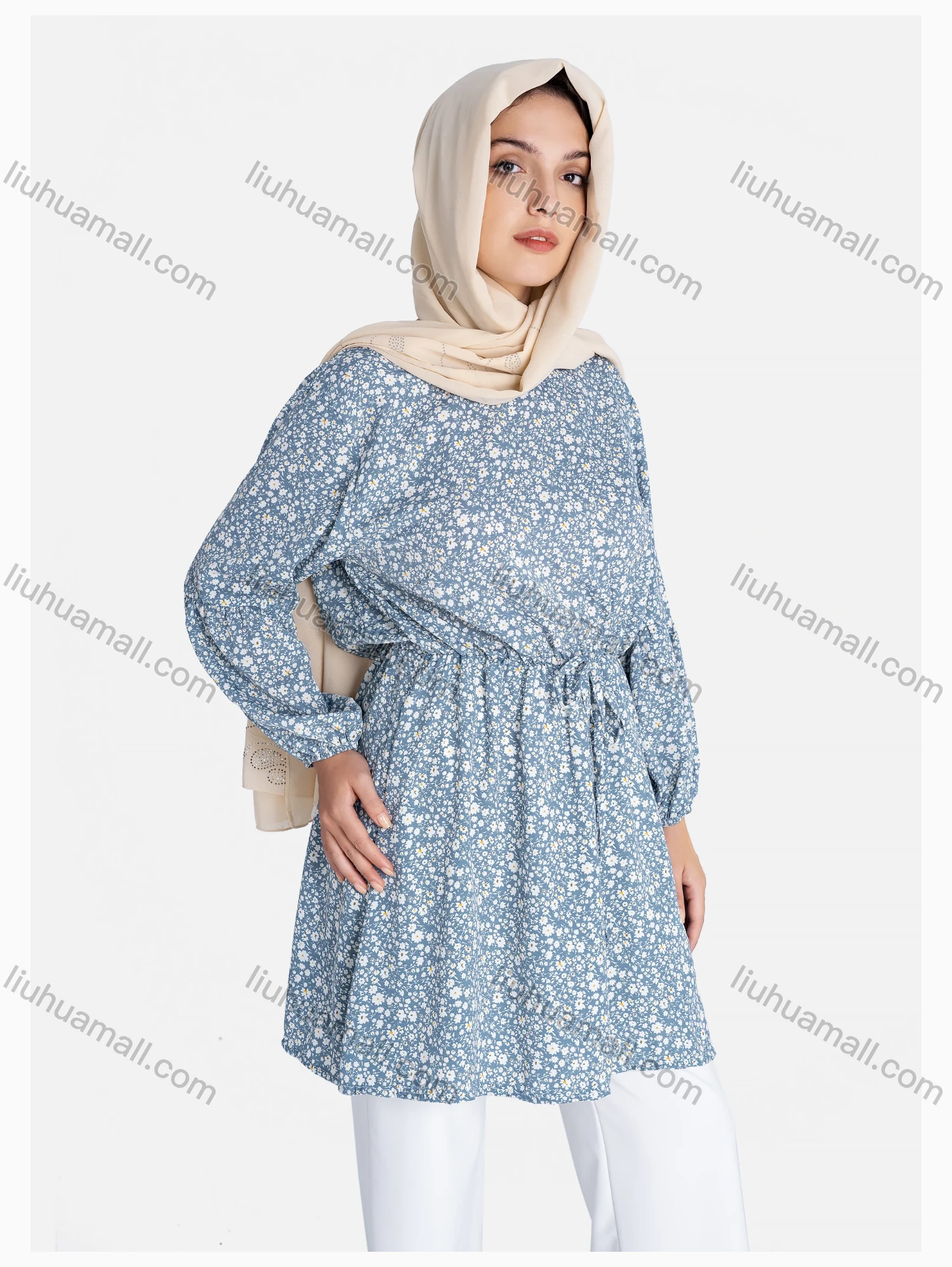 Wholesale Women's Crew Neck Drawstring Long Sleeve Floral Print Tunic - Liuhuamall