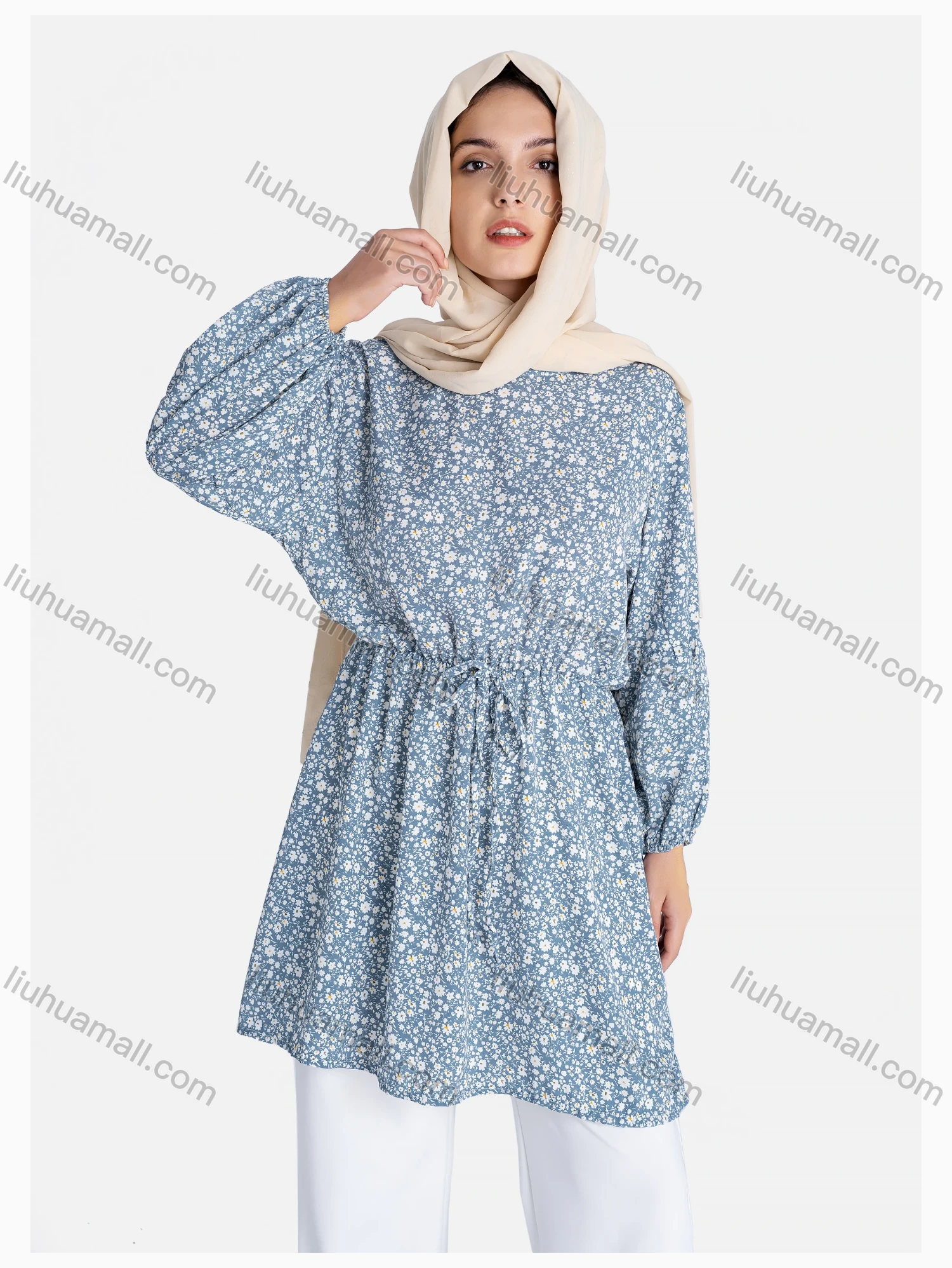 Wholesale Women's Crew Neck Drawstring Long Sleeve Floral Print Tunic - Liuhuamall