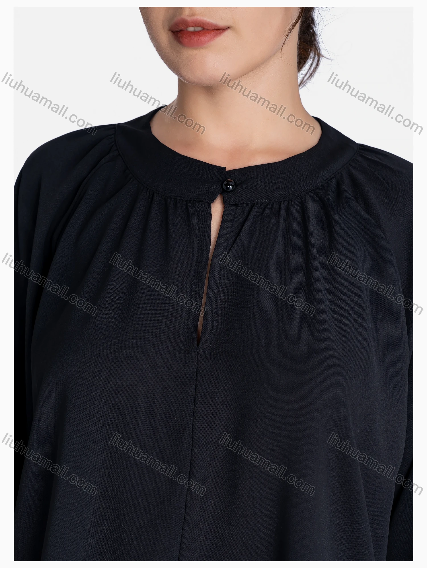 Wholesale Women's Keyhole Neck Loose Fit Plain Long Sleeve Curved Hem Tunic - Liuhuamall